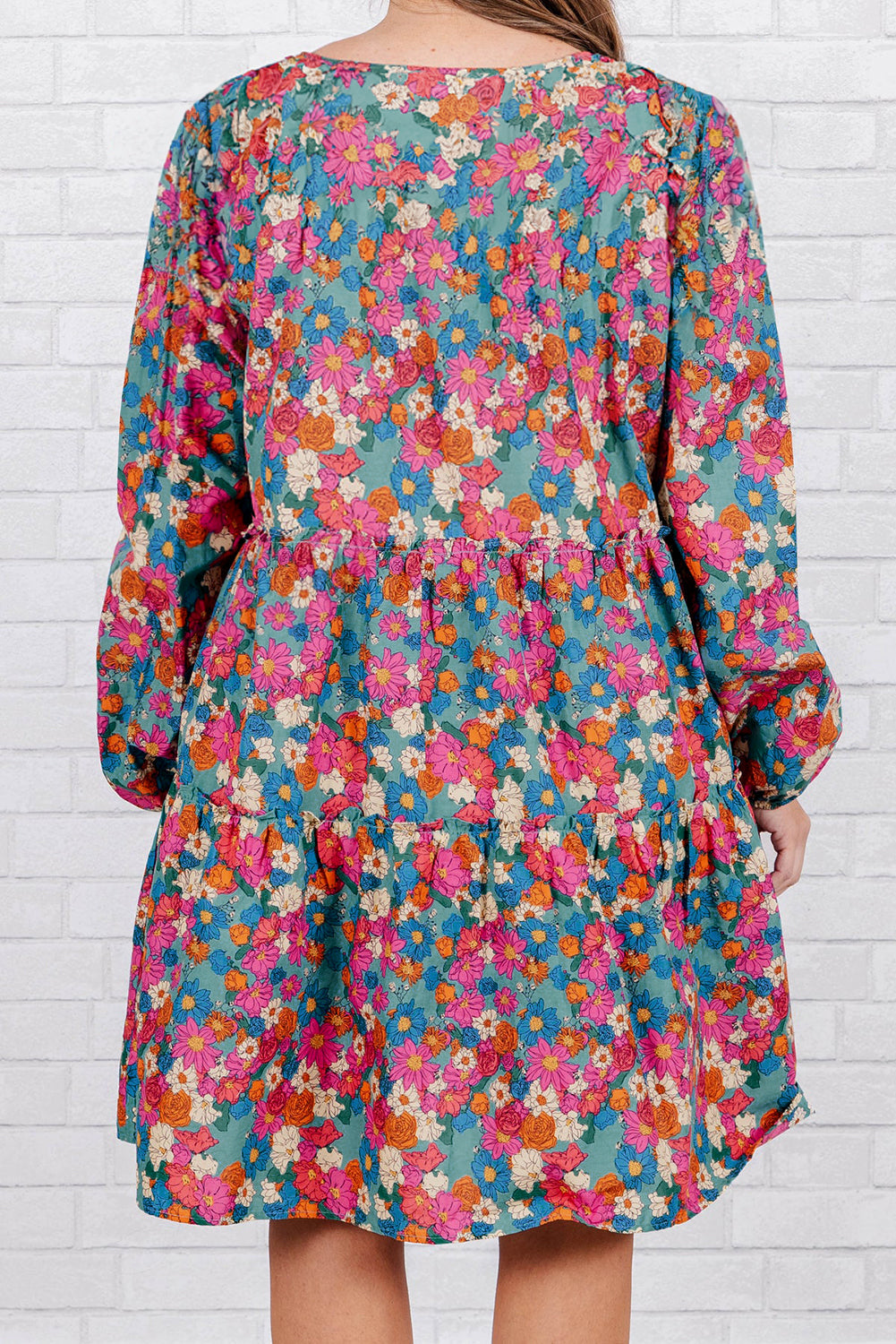 Sky Blue Plus Size Floral Print Shirred Ruffle Tiered Mini Dress BB Fashion Outlet