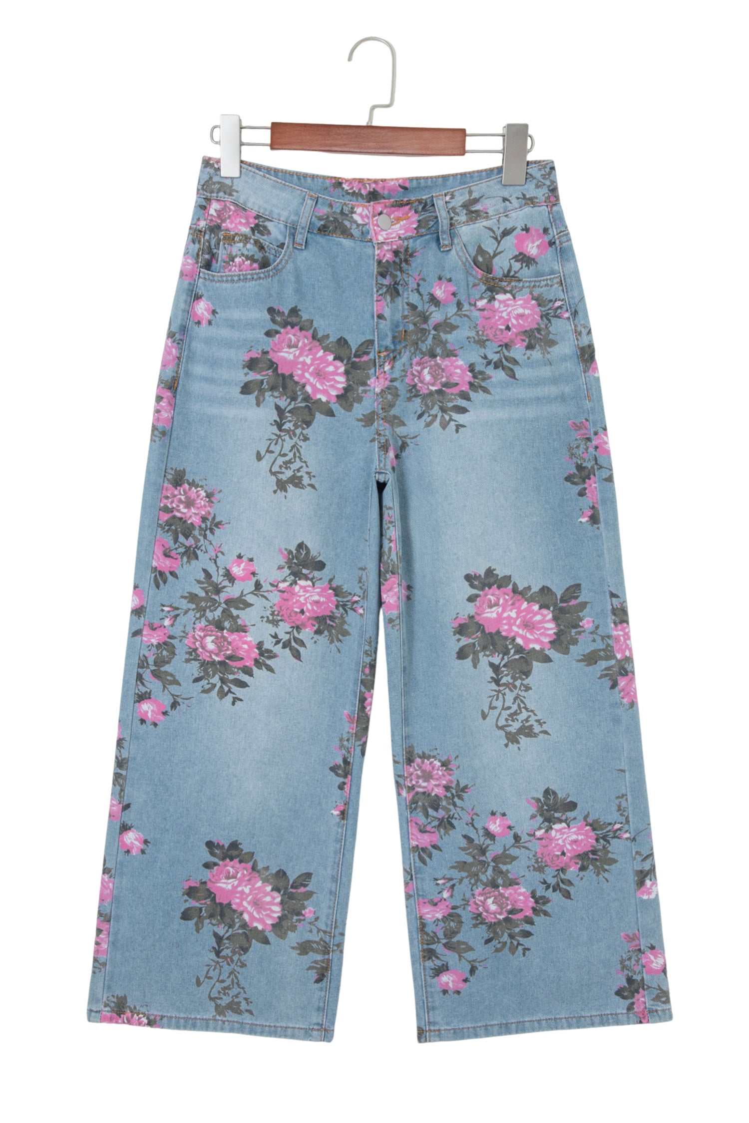 Floral Print Bootcut Jeans – Sky Blue Denim