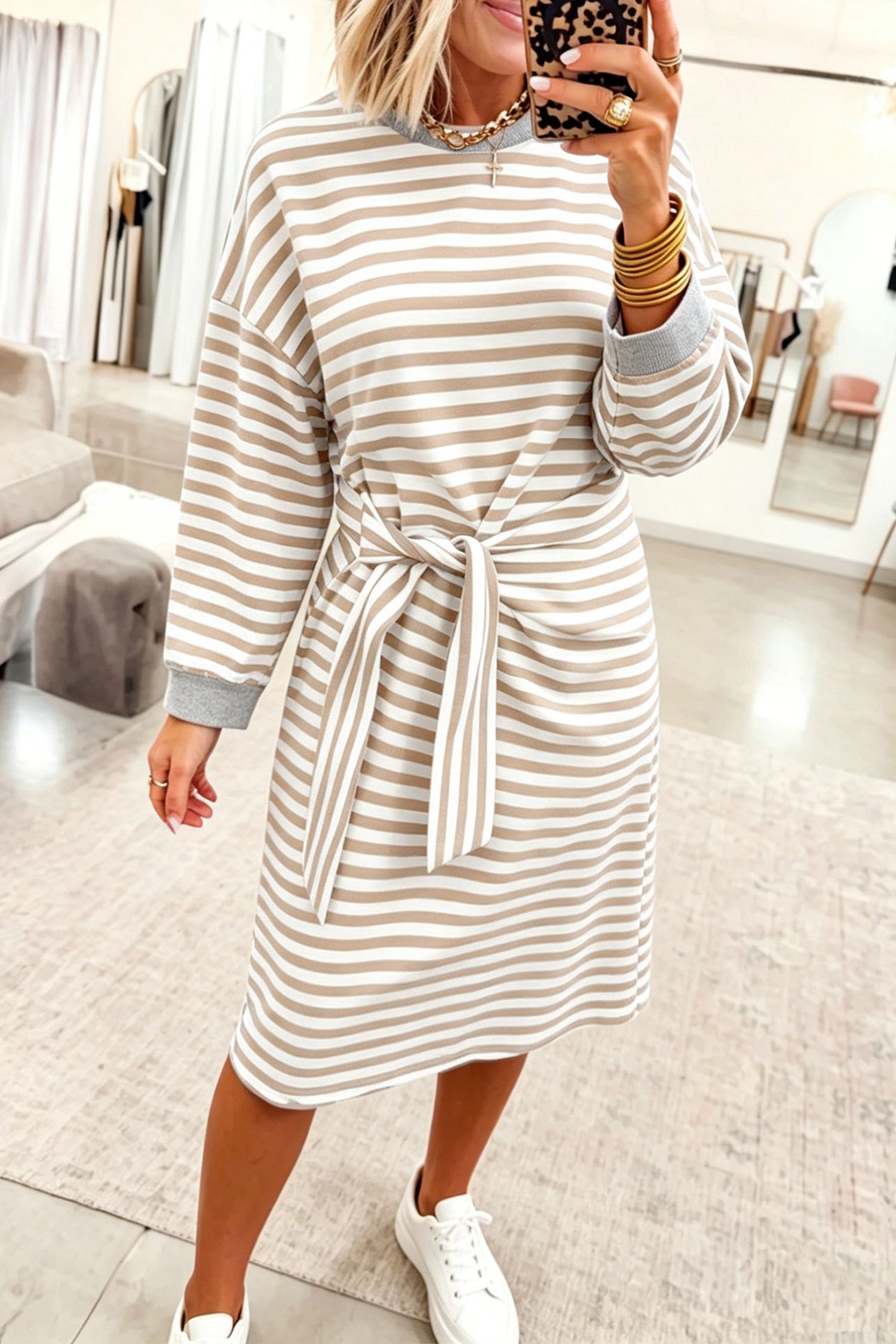Striped Colorblock Cuffs Round Neck Long Sleeve Shift Dress – Khaki Stripe