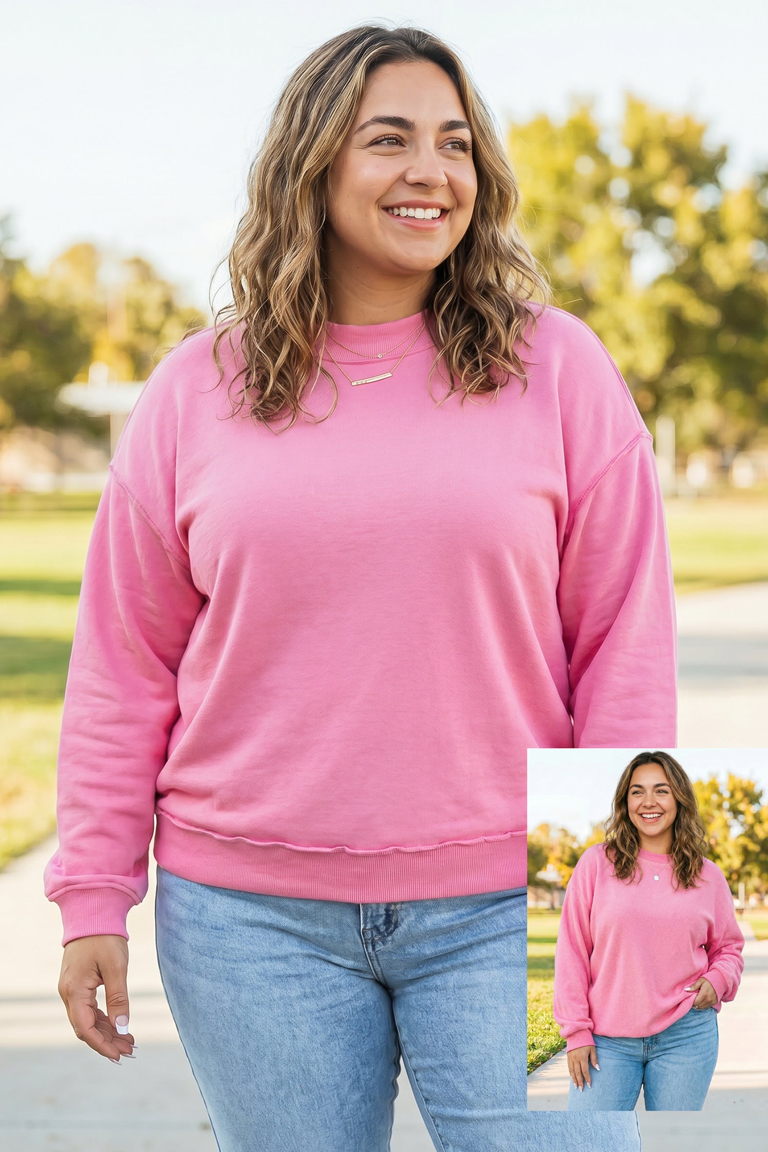 Exposed Seam Detail Reversible Double Wear Plus Size Sweatshirt – Bright Pink