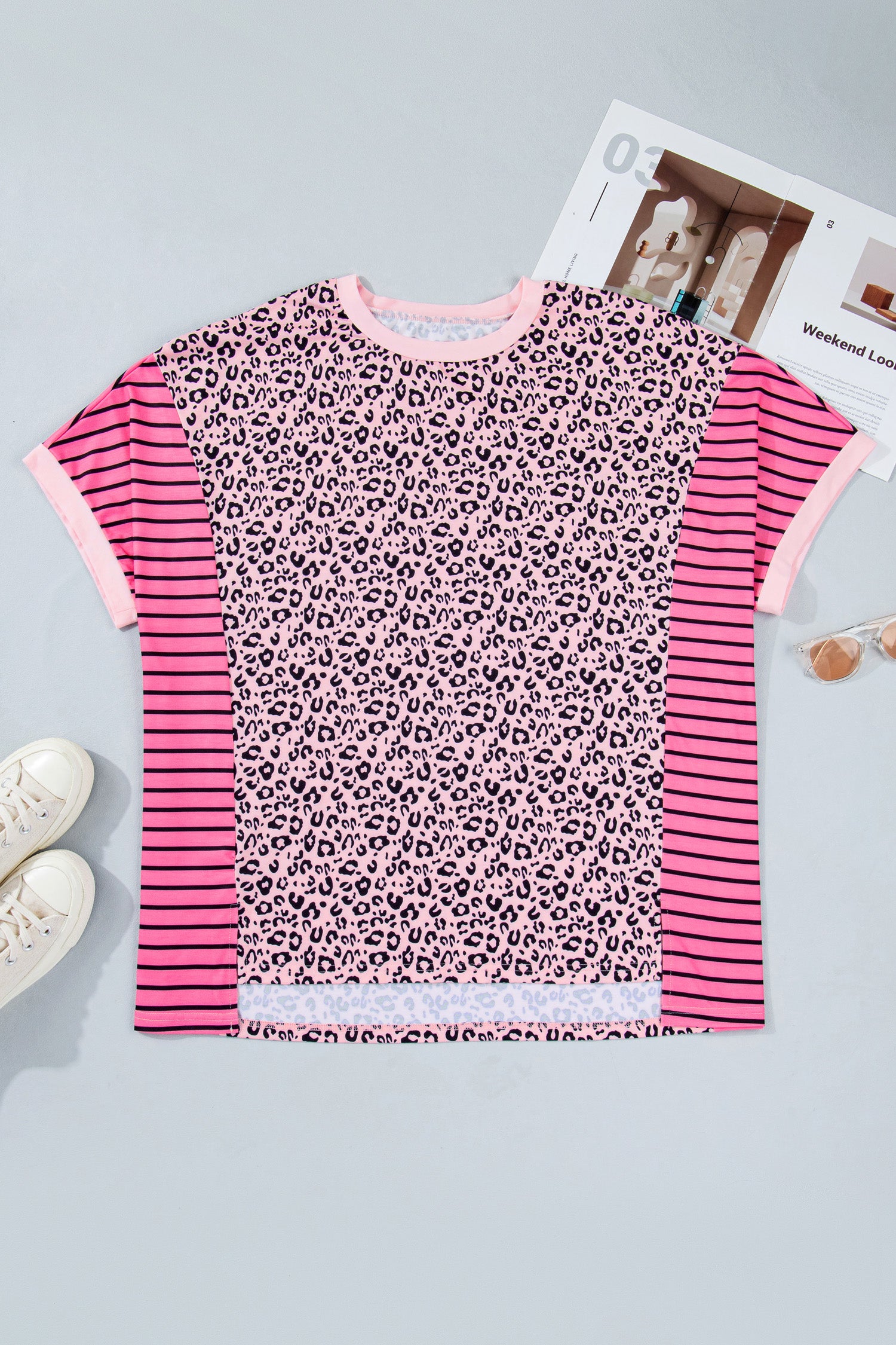 Plus Size Leopard Striped Contrast Patchwork Tee – Pink