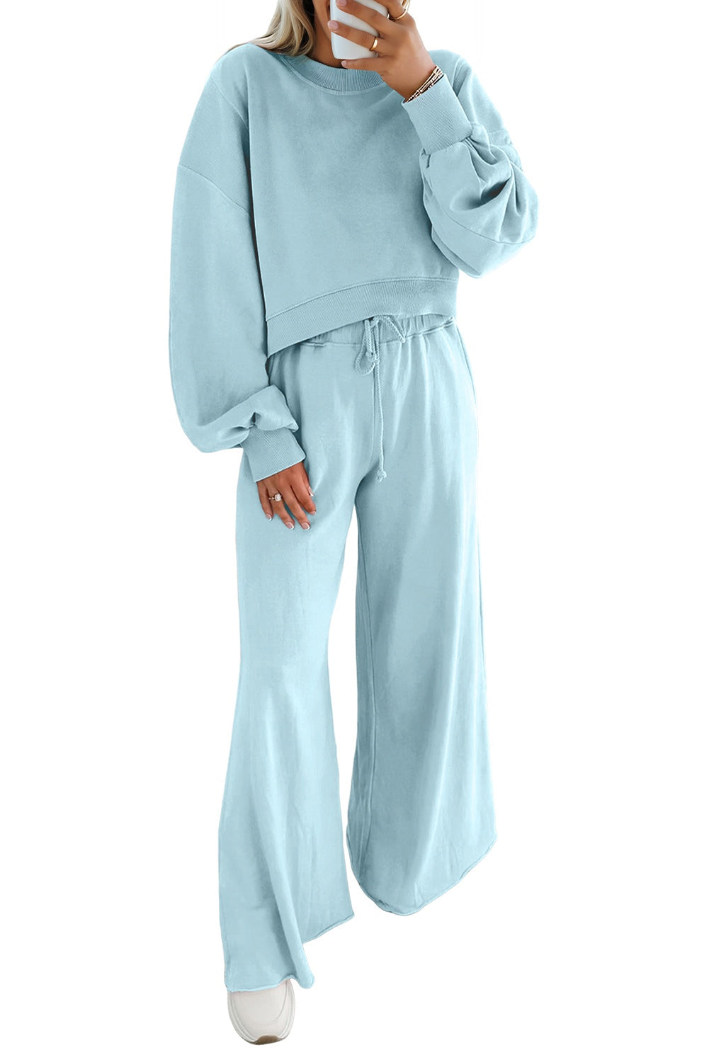 Drop Shoulder Puff Sleeve Crop Pullover and Drawstring Wide Leg Trousers Co-ord Set eAura