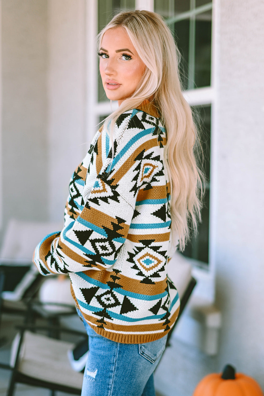 Brown Aztec Striped Knit Ribbed Trim Sweater eAura
