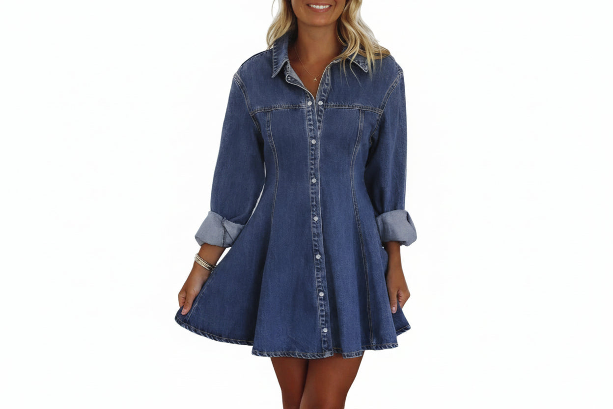 Ashleigh Blue Denim Shirt Collar Long Sleeve Flared Mini Dress - eAura