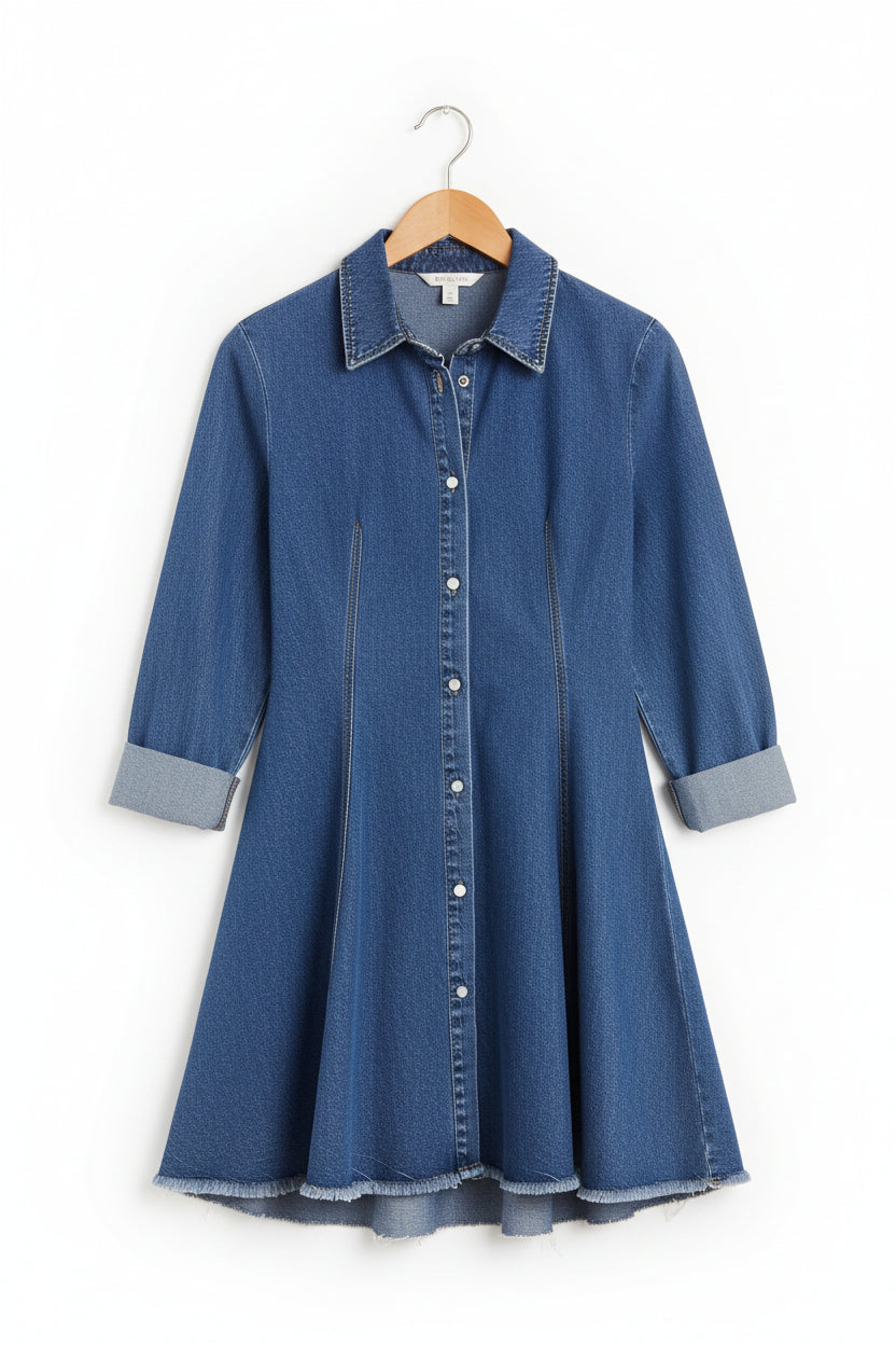 Denim Shirt Flared Dress - Blue / L - Dresses/Mini Dresses