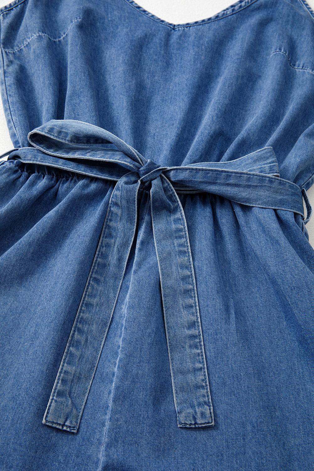 Ashleigh Blue Spaghetti Straps V Neck Belted Ruffled Leg Chambray Romper eAura