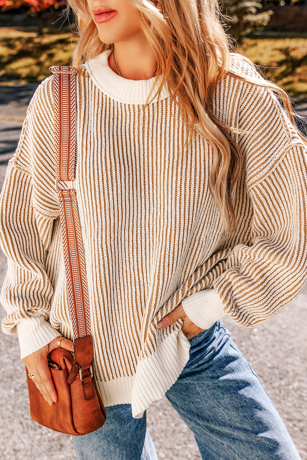 Bright Pink Striped Textured Knit Contrast Edge Loose Sweater eAura