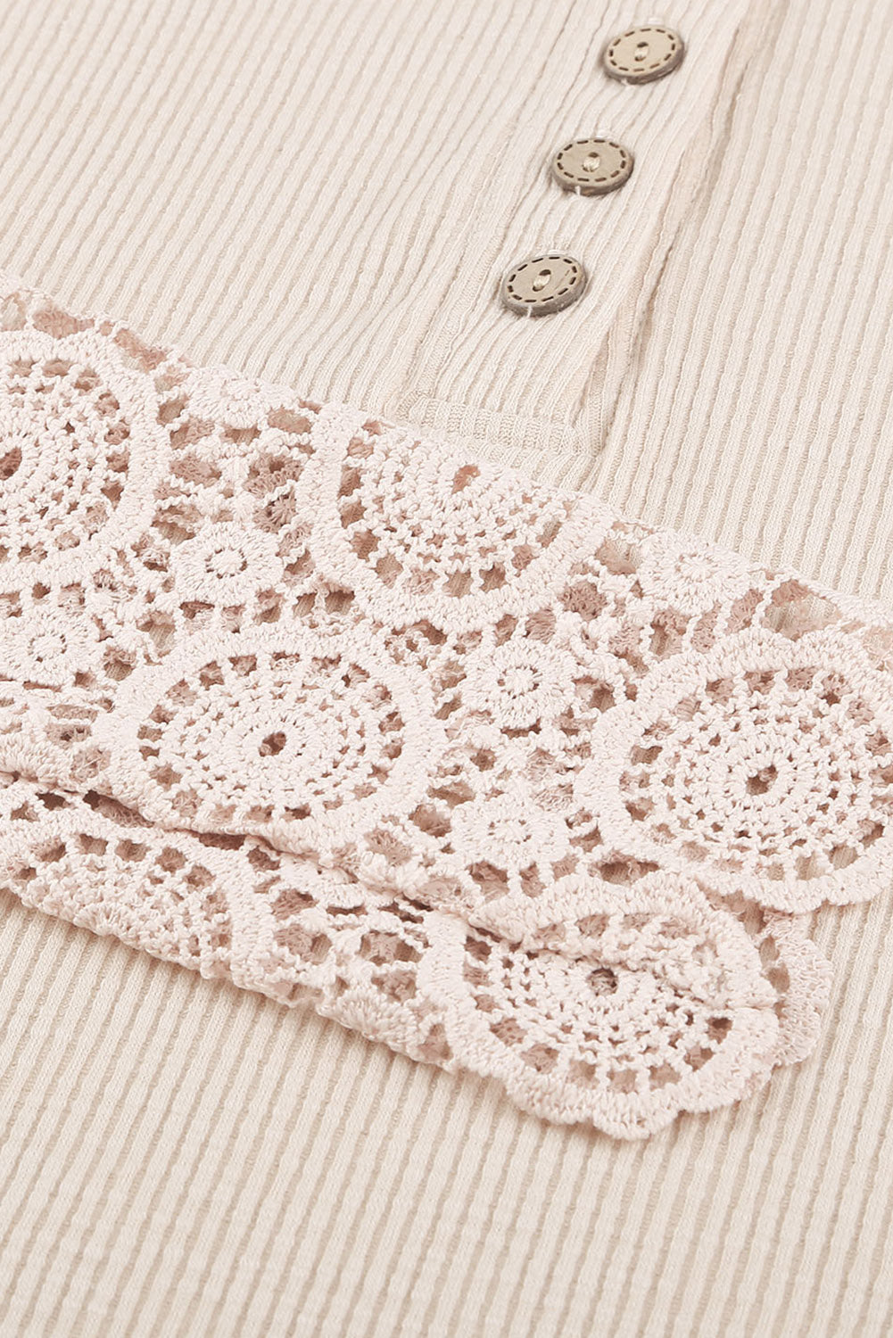 Beige Crochet Lace Hem Sleeve Button Top - eAura