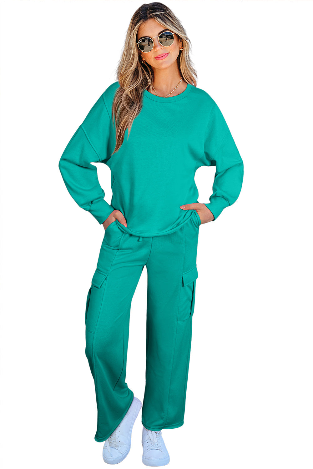 Lapis Solid Colour Mineral Wash Pullover Top and Cargo Trousers Set eAura