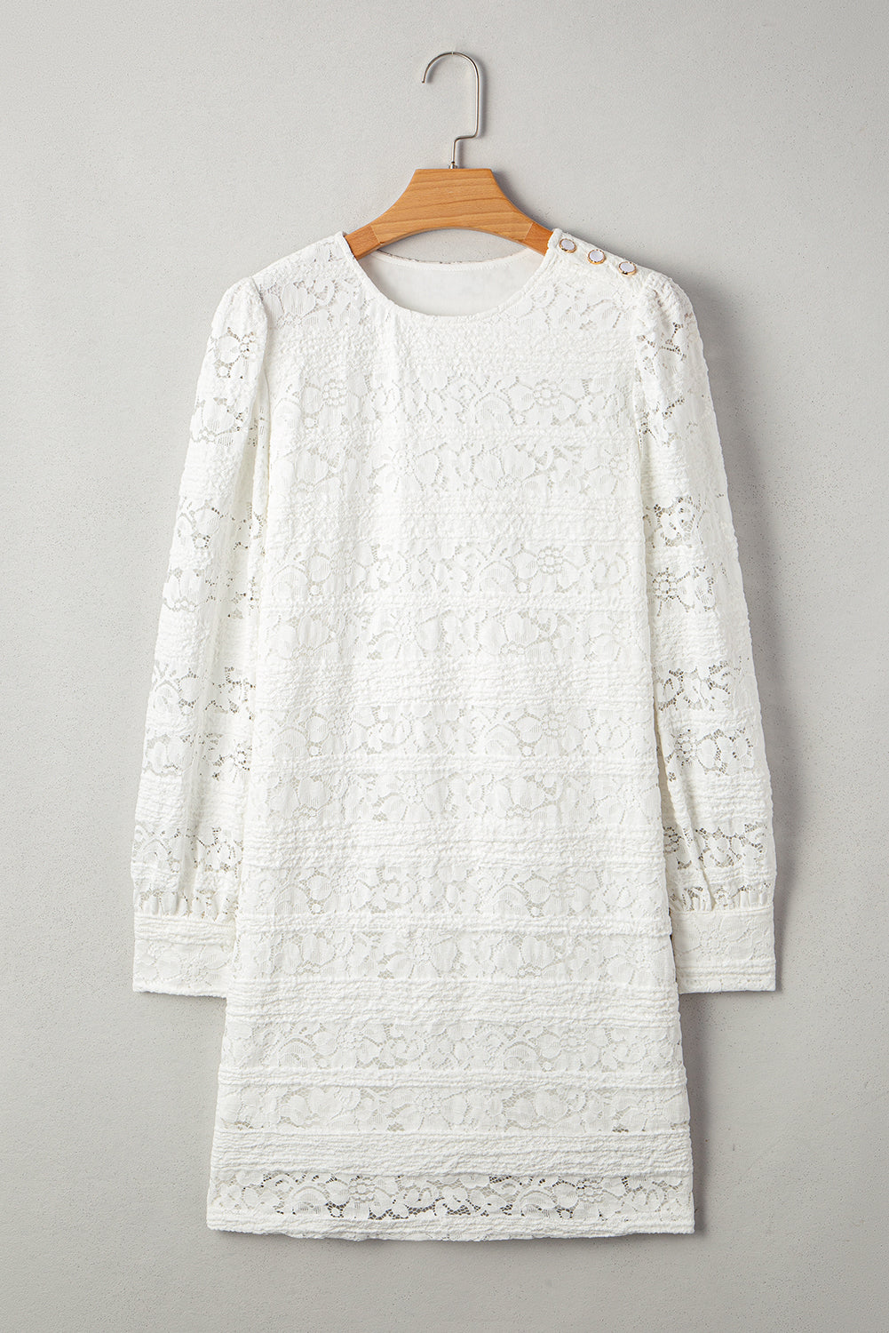 Lace Crochet Round Neck Puff Sleeve Shift Mini Dress - eAura