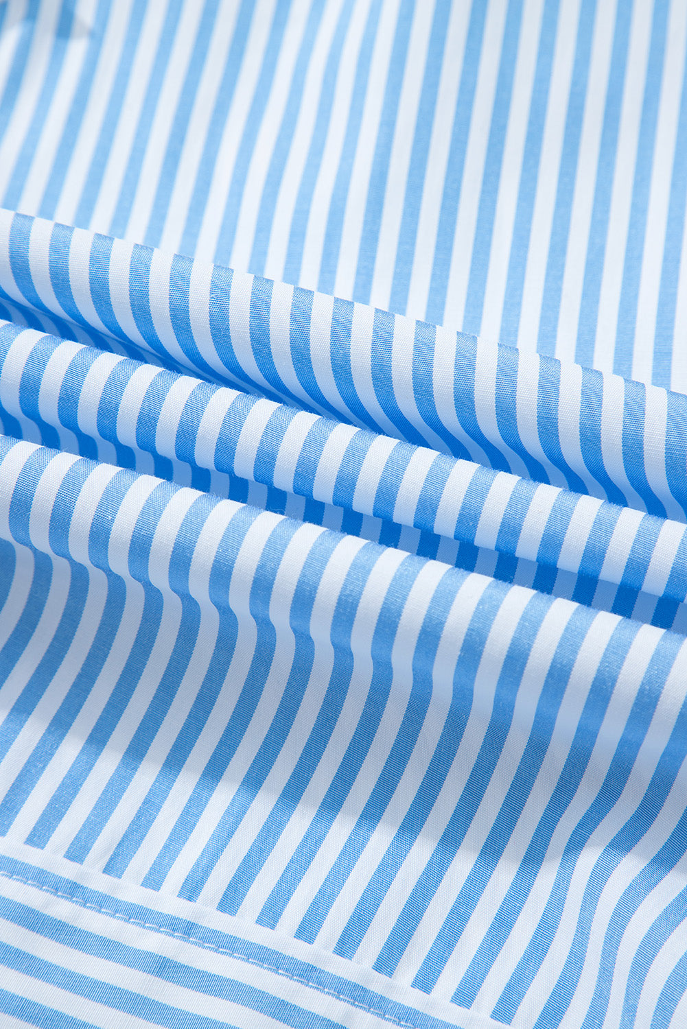 Sky Blue Stripe Contrast Collar Hidden Button Short Sleeve Summer Shirt BB Fashion Outlet