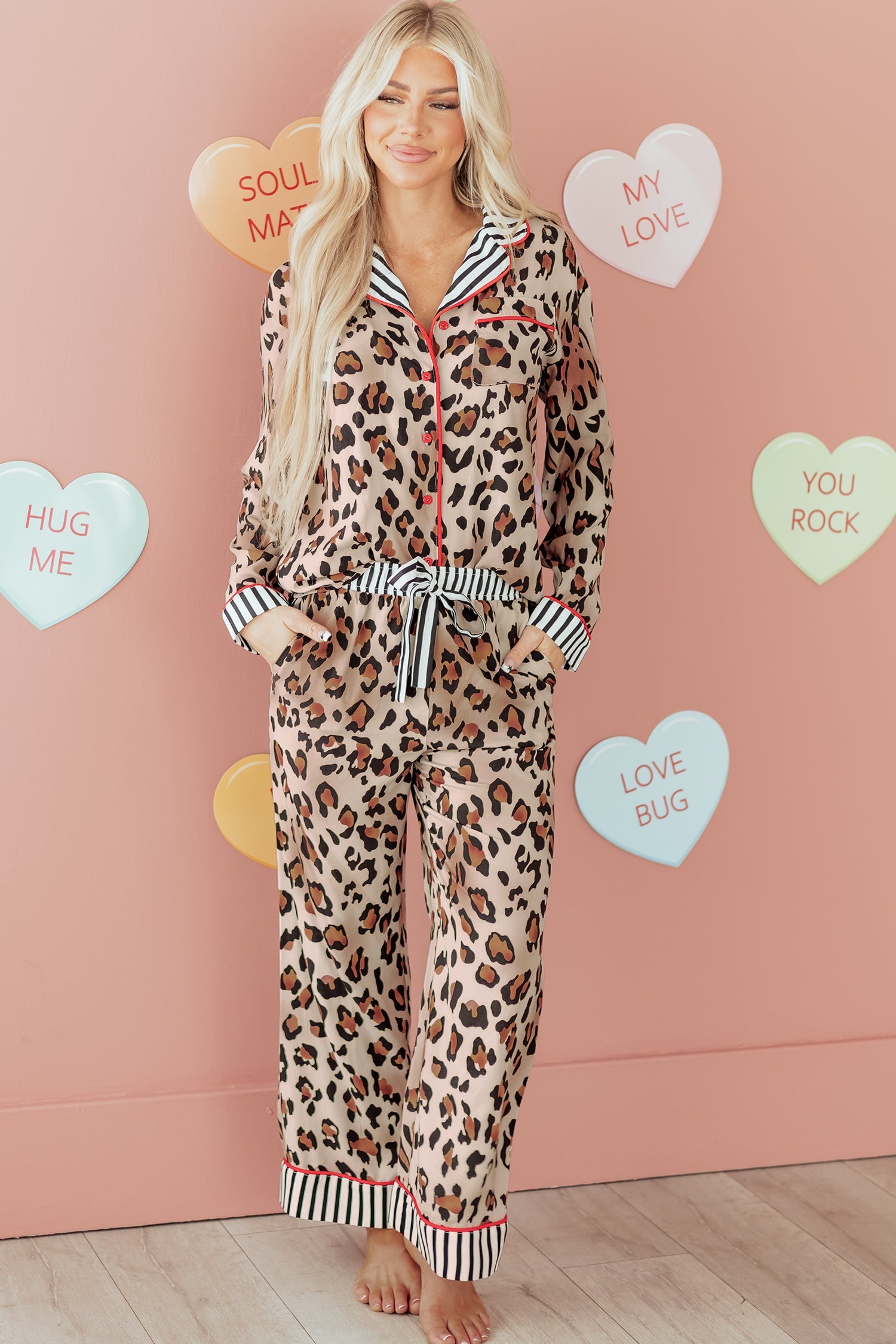 Leopard Print Striped Edge Shirt Pyjama Set - eAura