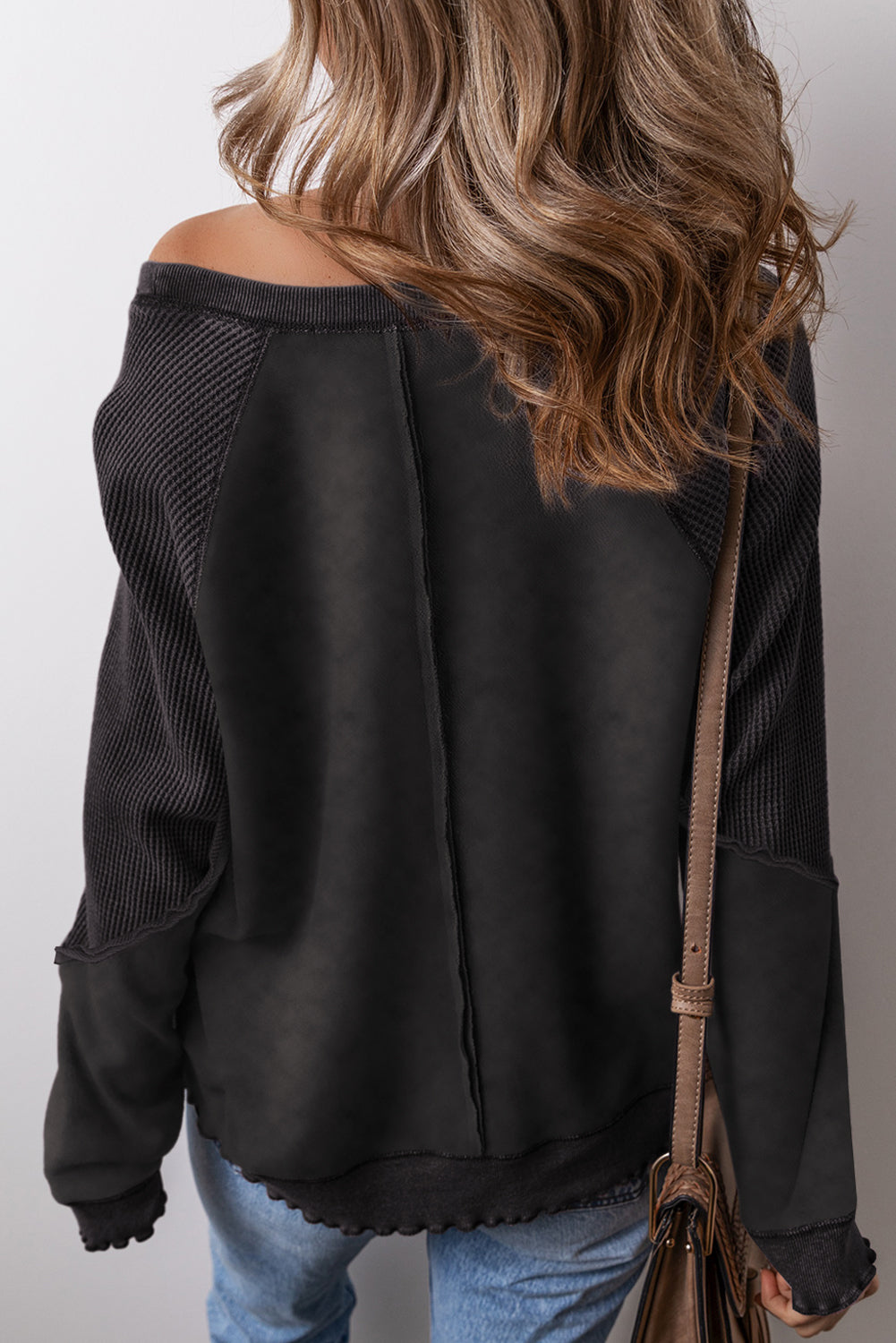 Black Solid Waffle Knit Patchwork Raglan Sleeve Sweatshirt Dear-Lover Dropshipping