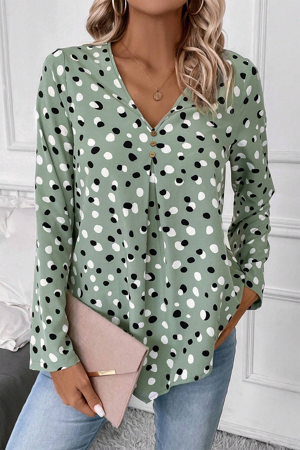 Green Dotted Print Button Front V-Neck Blouse