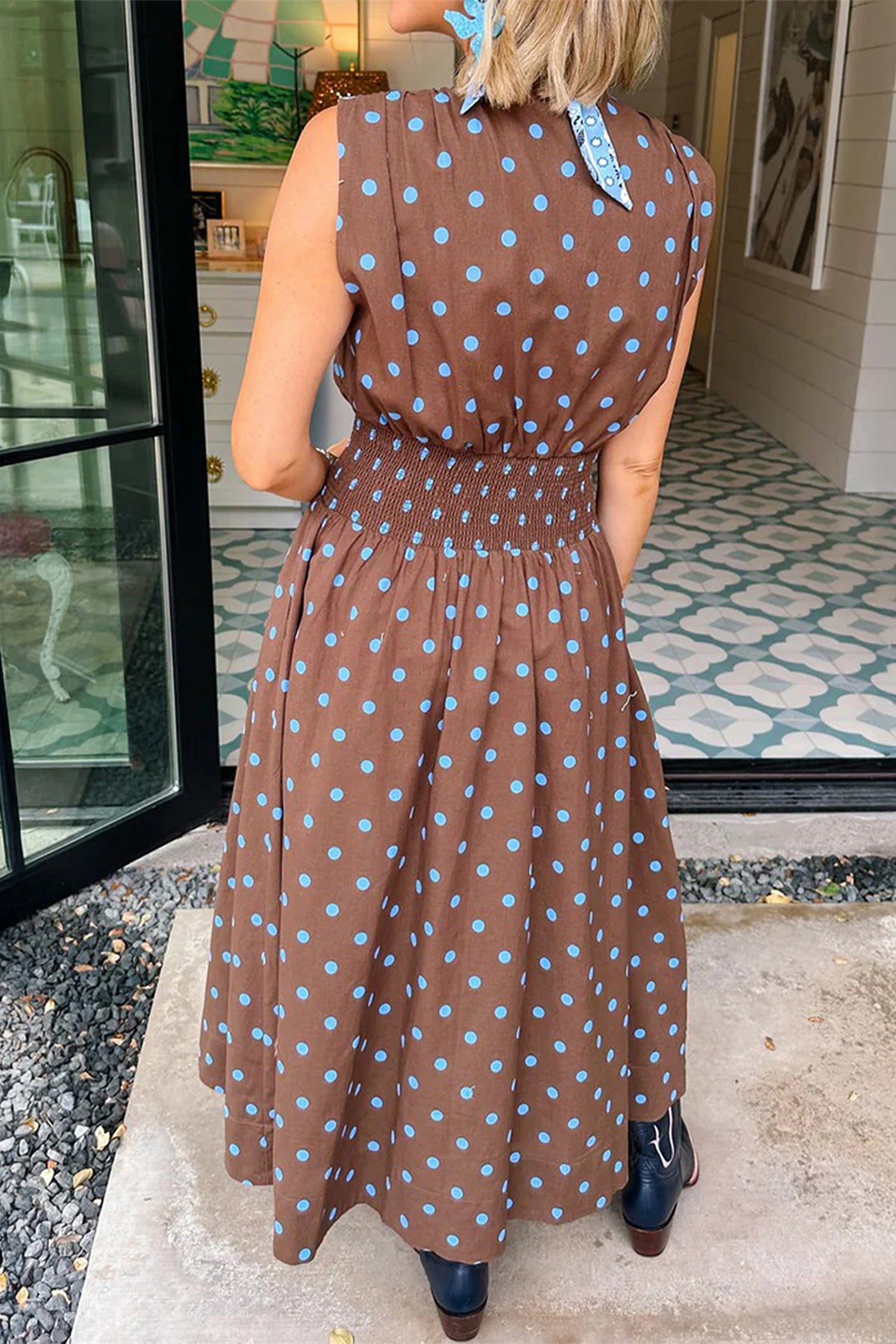Polka Dot Print Contrast Trim V-Neck Zip Up Sleeveless Dress