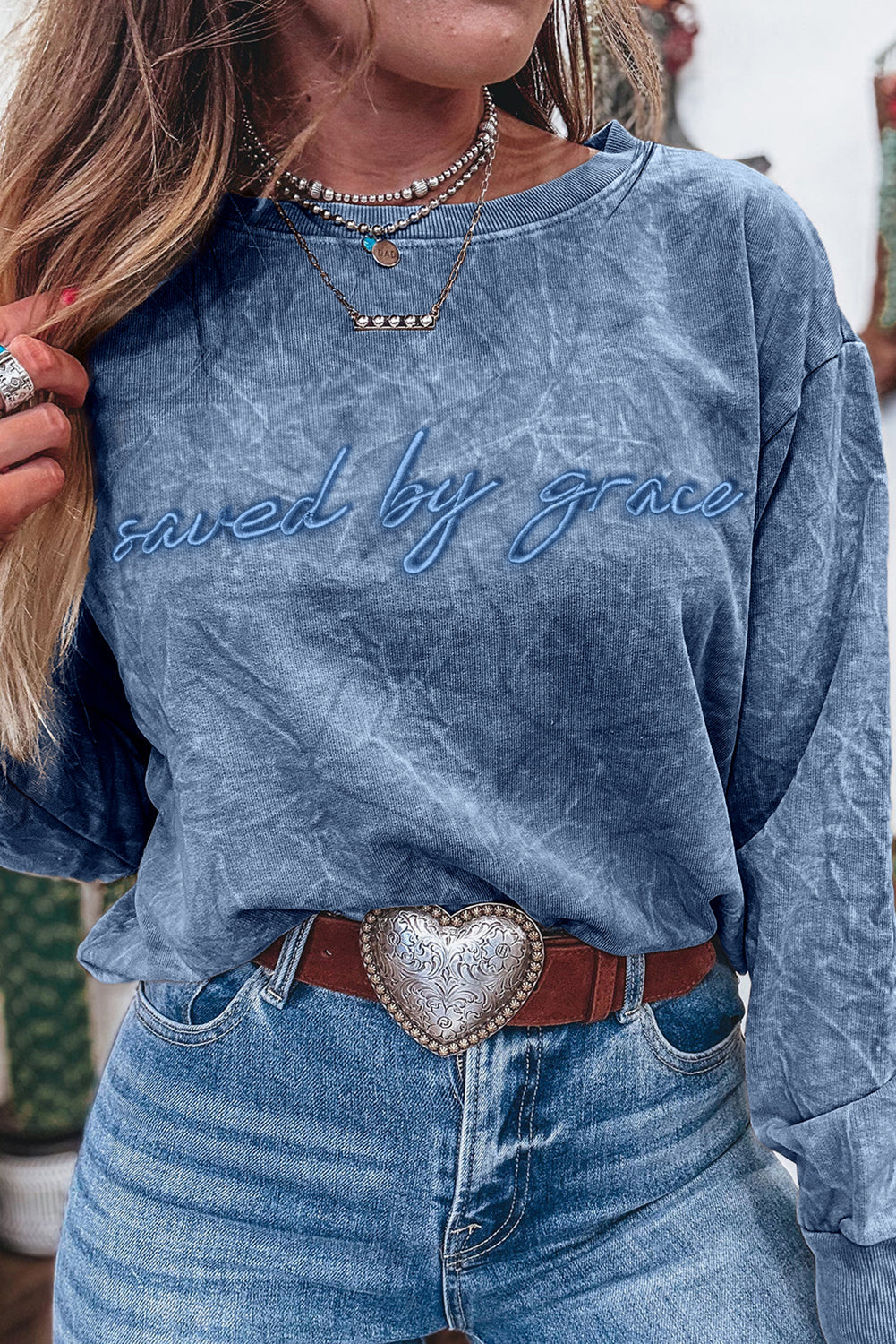"Saved By Grace" Letter Embroidery Mineral Wash Loose Sweatshirt - eAura