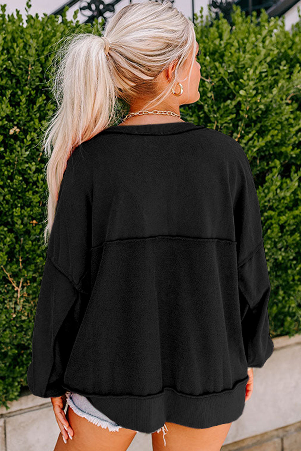 Drop Shoulder Henley Buttons Sweatshirt eAura