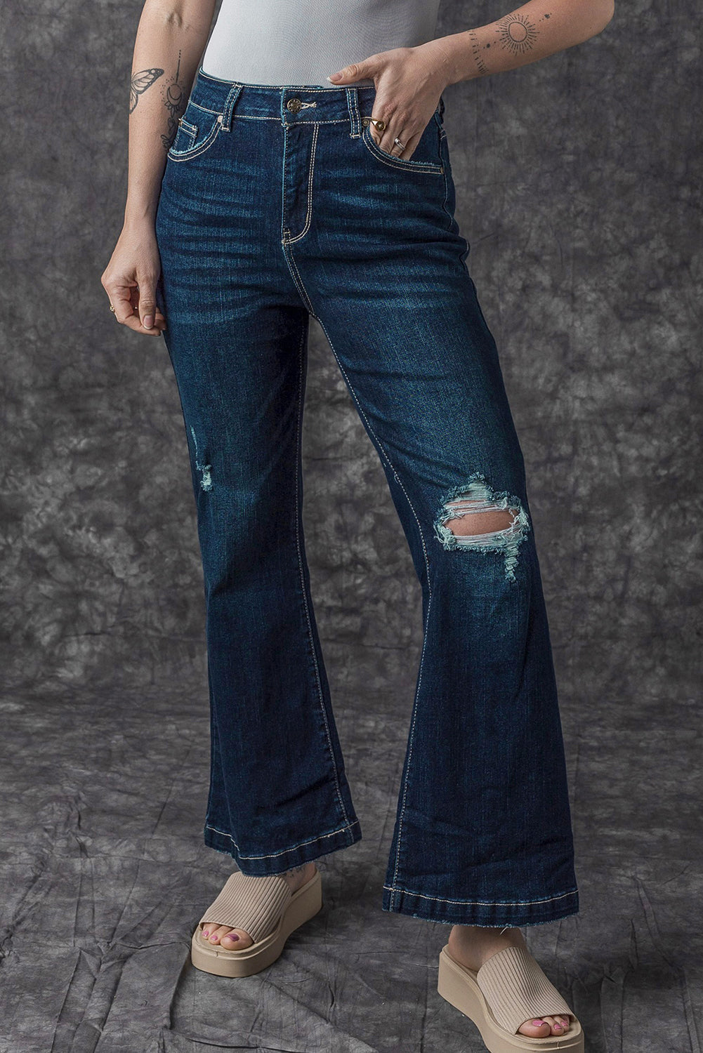 Real Teal High Rise Ripped Bell Bottom Jeans Beagle Boutique Fashion Outlet