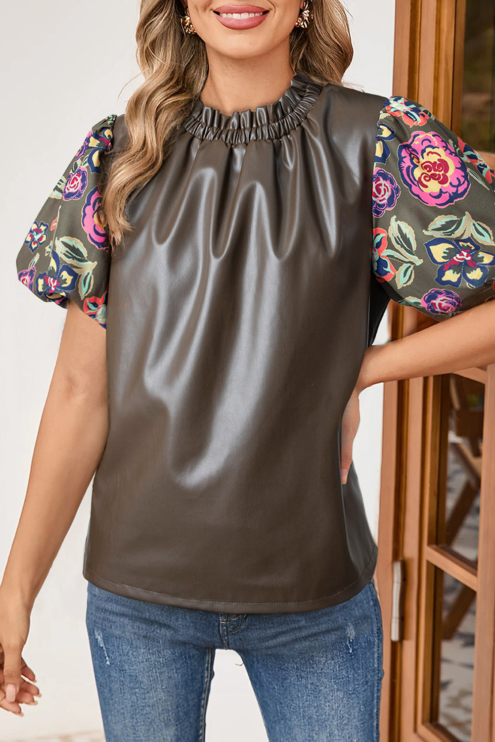 Four Leaf Clover Floral Bubble Sleeve Patchwork Leatherette Frilled Round Neck Blouse eAura