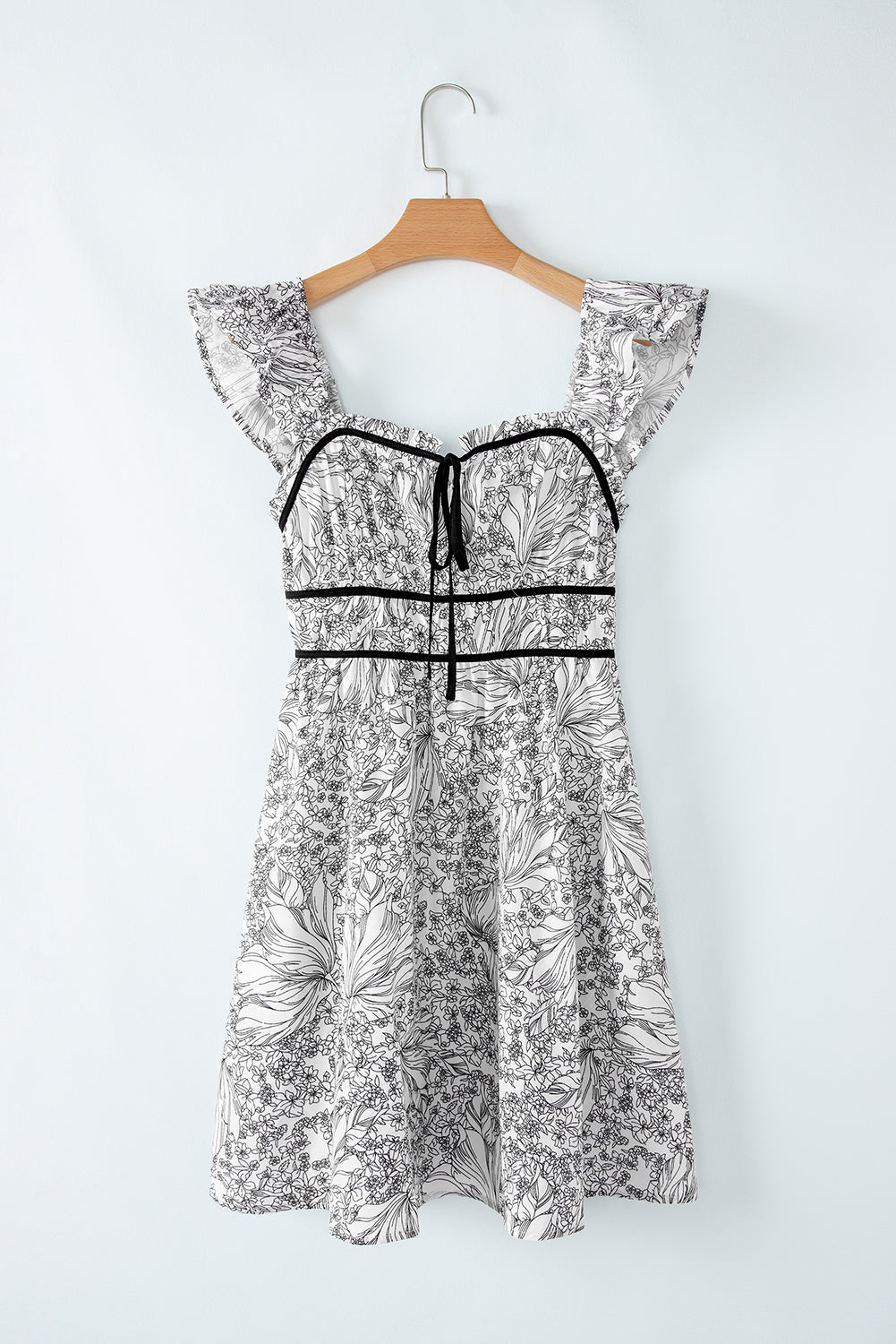 White Floral Print Pipping Trim Flutter Sleeve Mini Dress eAura