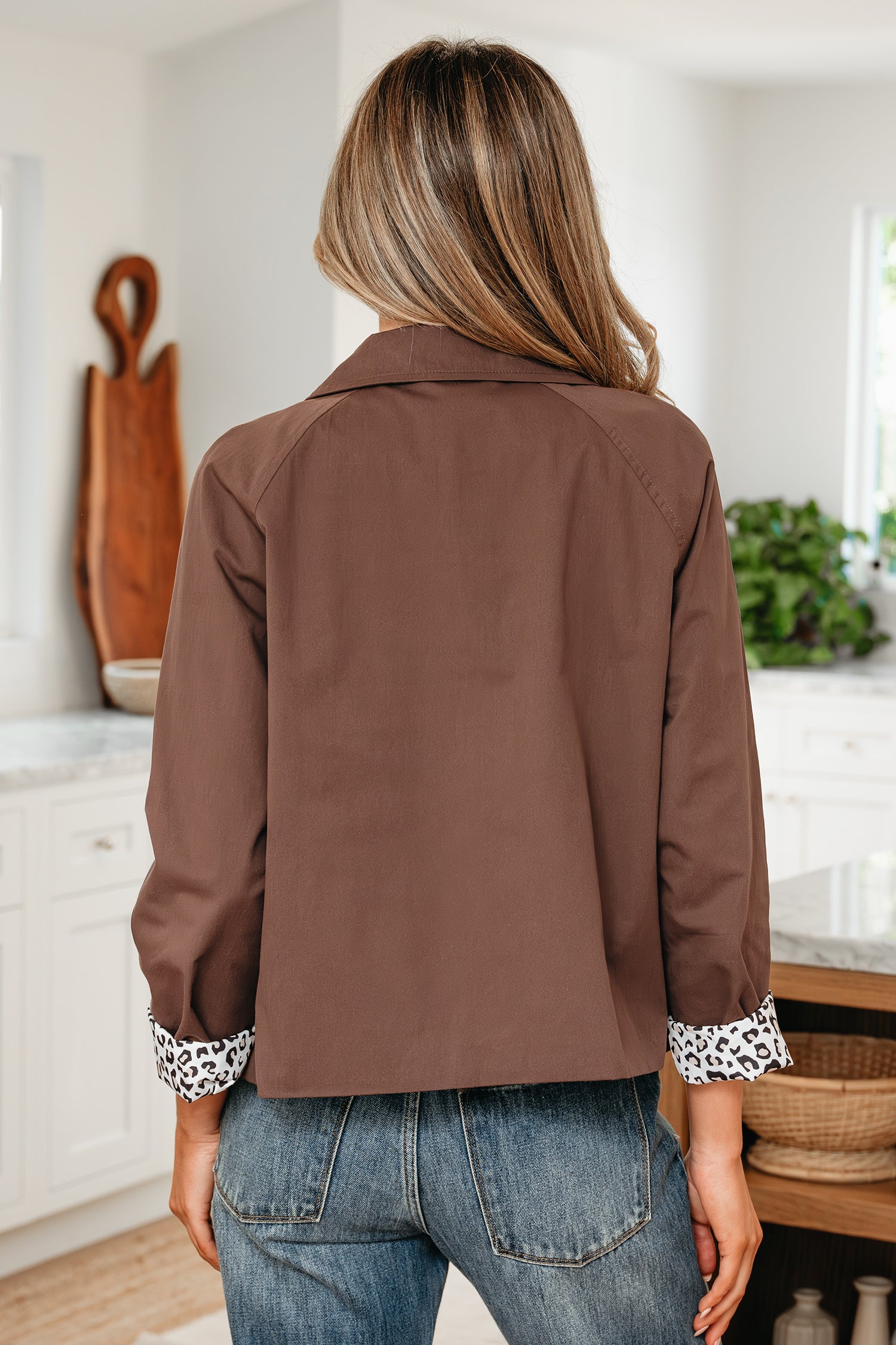 Collared Buttoned Leopard Liner Jacket - Outerwear/Jackets