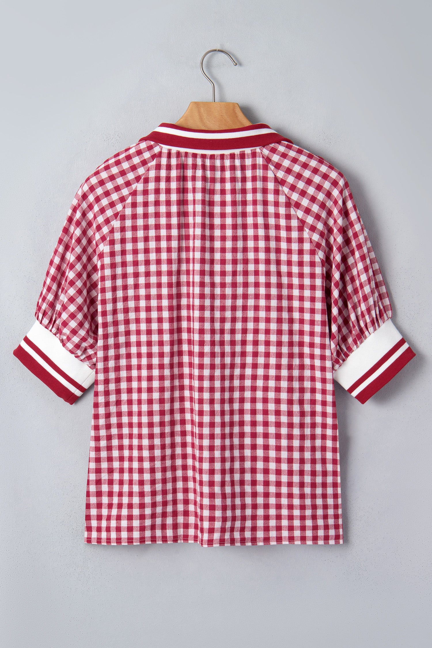 Gingham Striped Patchwork Half Zip Blouse – Red