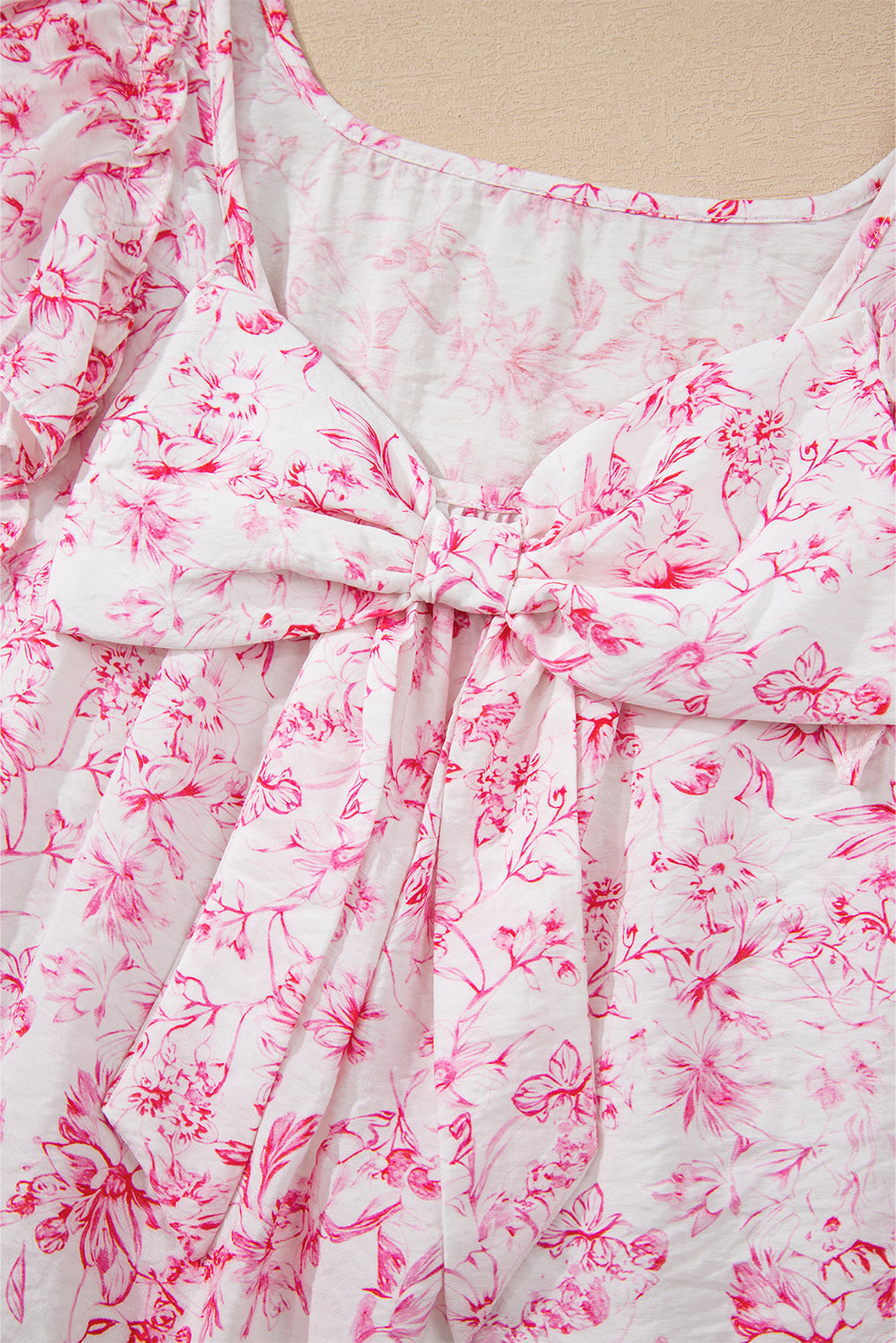 Floral Ruffled Short Sleeve Bow Back Square Neck Blouse eAura