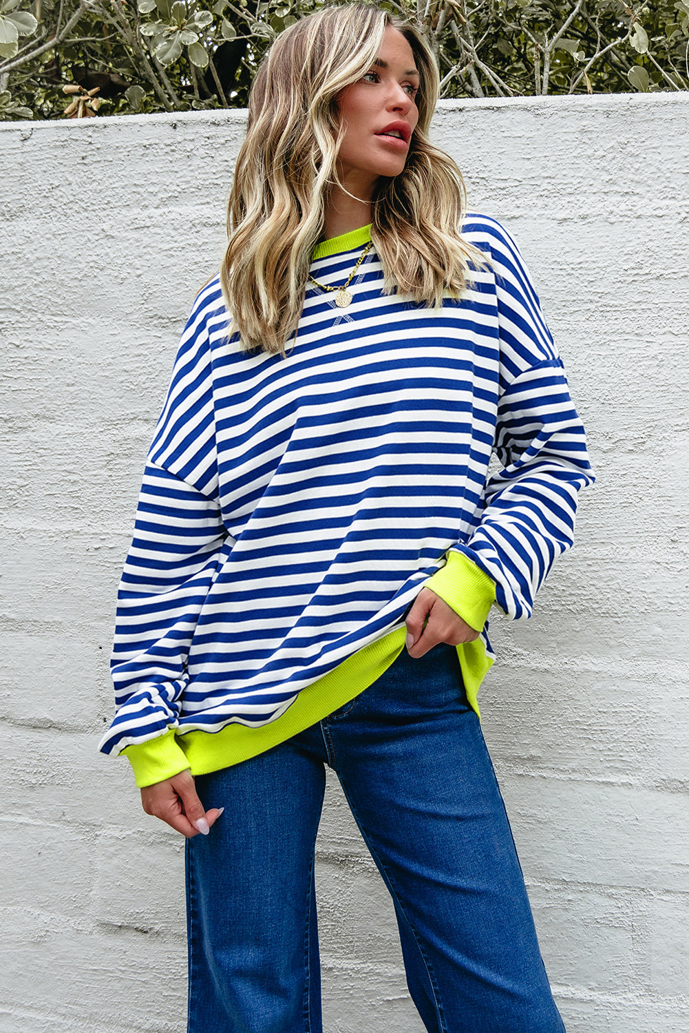 Striped Contrast Ribbed Trim Crossed Stitch Drop Shoulder Sweatshirt - eAura