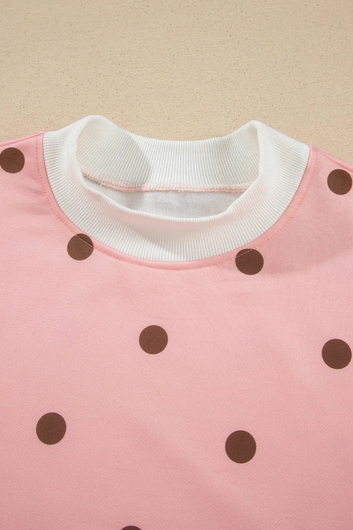Polka Dot Ribbed Trim Long Sleeve Top Casual Short Set – Brown
