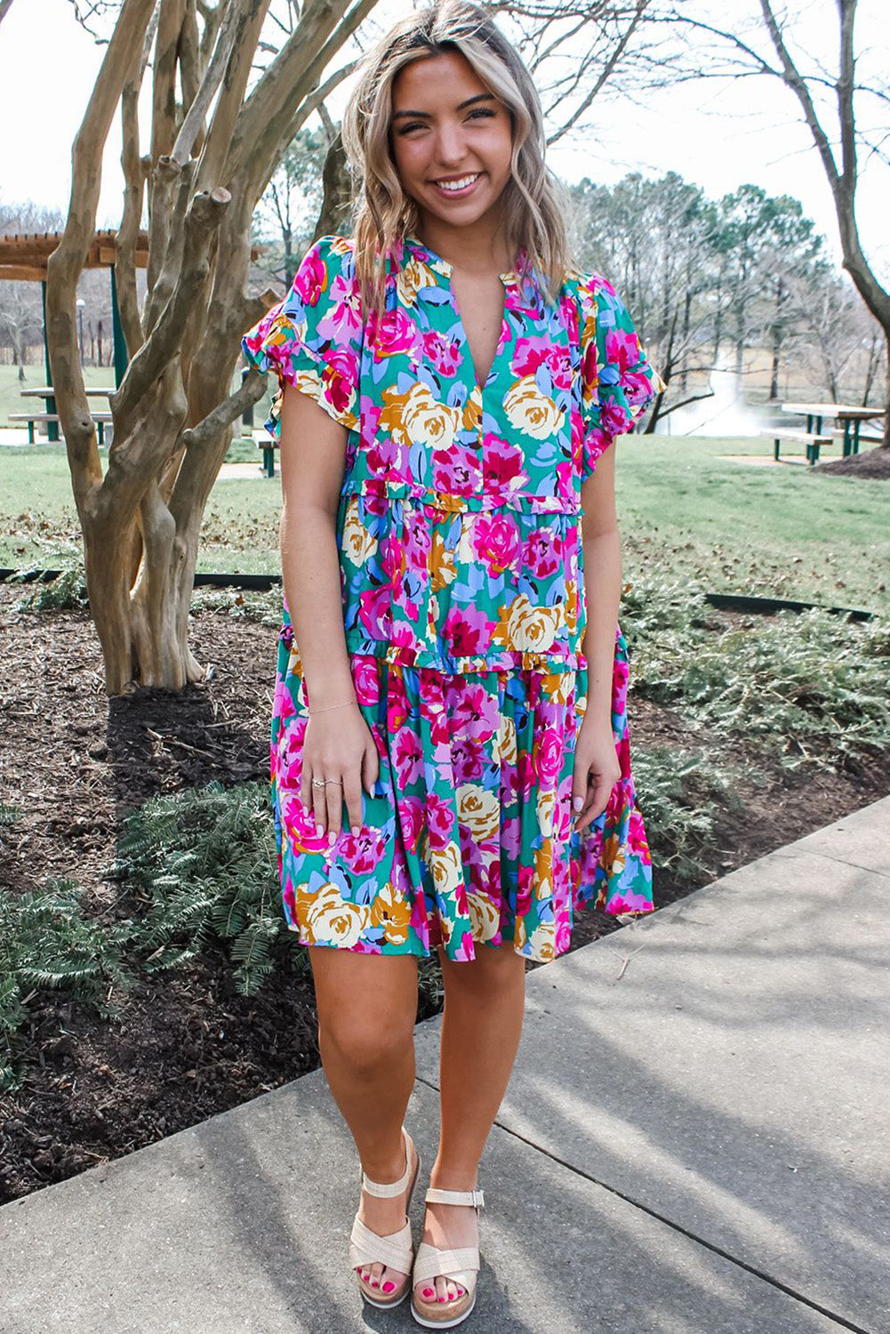Green Rose Floral Print Ruffled Short Dress BB Fashion Outlet
