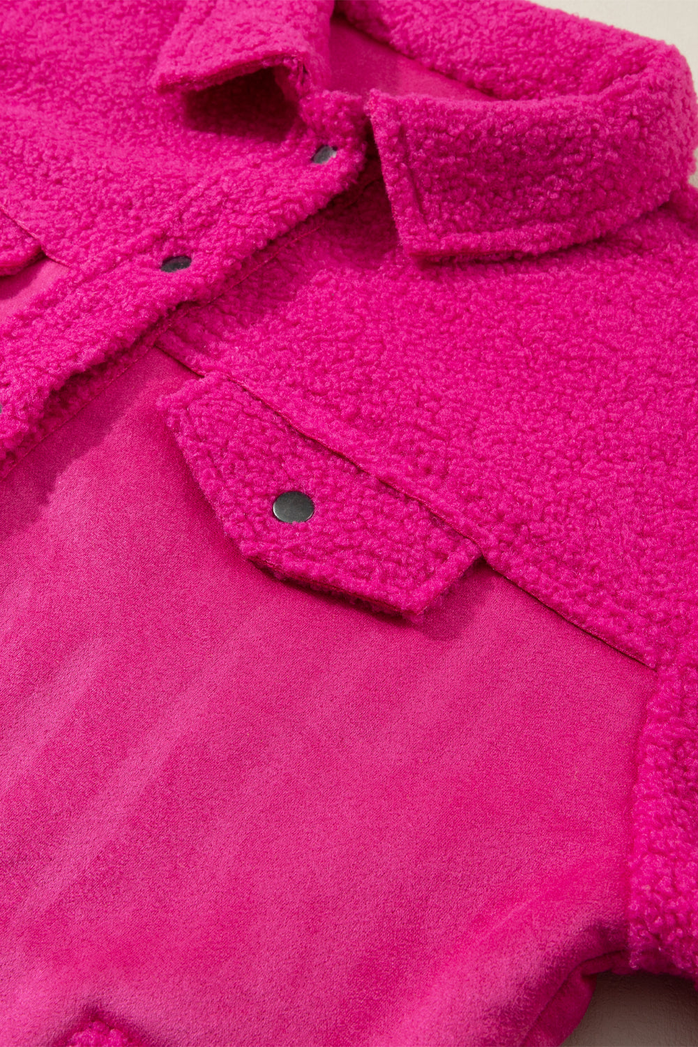 Bright Pink Faux Suede Sherpa Patchwork Button-up Shacket Beagle Boutique Fashion Outlet