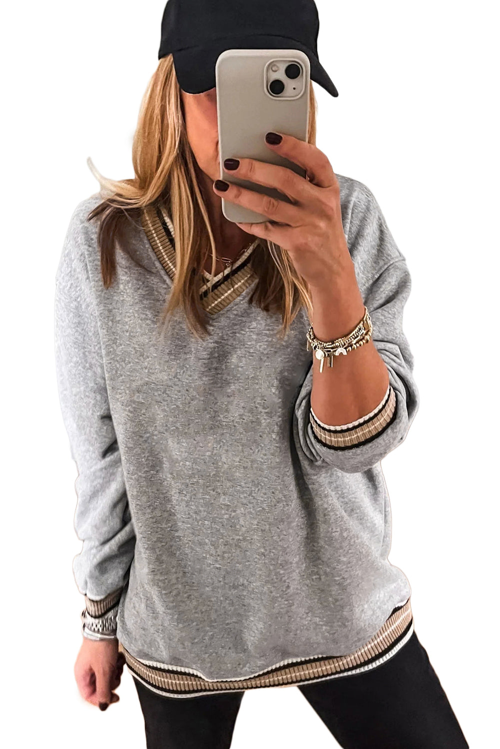 Varsity Contrast Trim V-Neck Sweatshirt - Tops/Sweatshirts & Hoodies