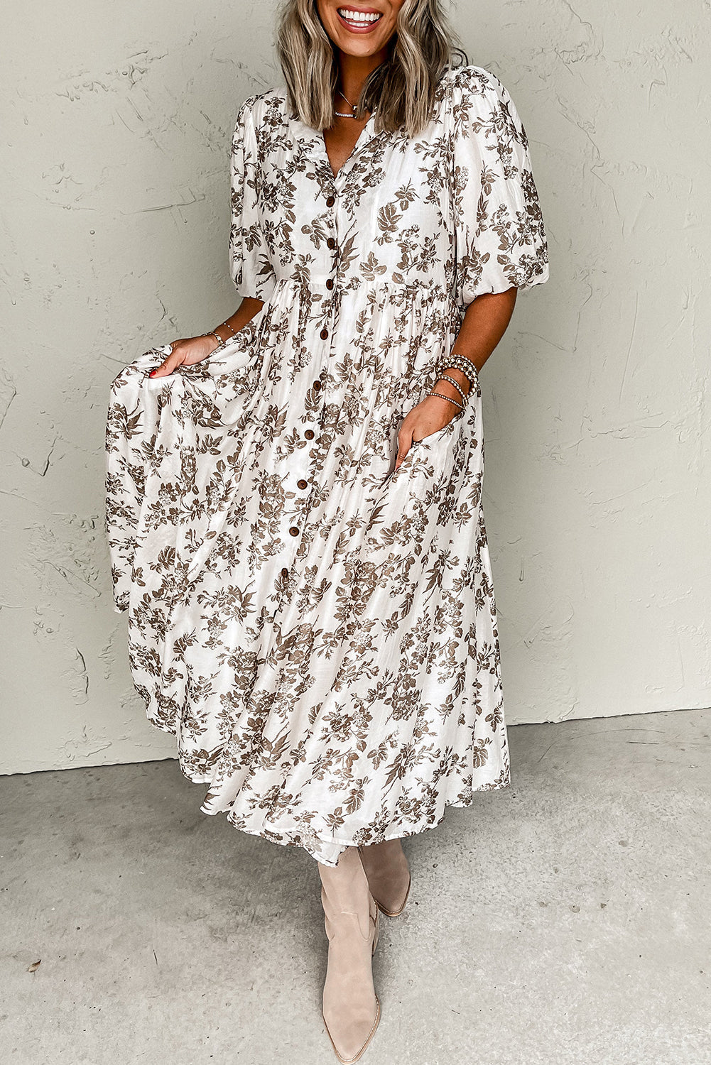 Khaki Floral Puff Sleeve V Neck Buttoned Front Maxi Dress eAura