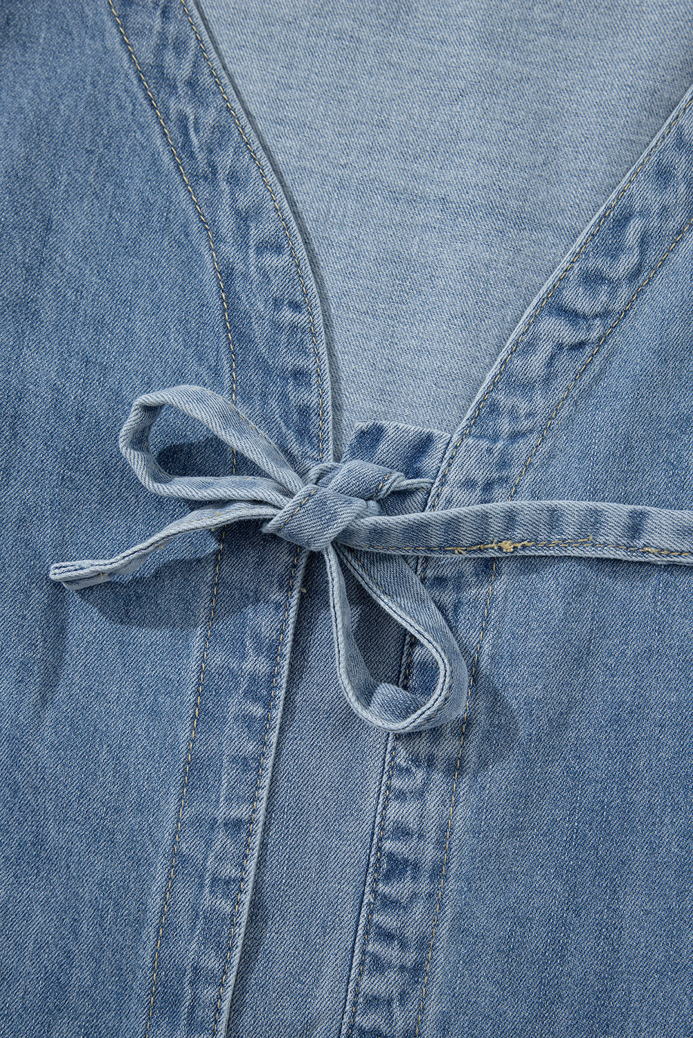 Tied Front Long Puff Sleeve Denim Top - eAura