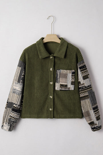 Green Ribbed Fleece Plaid Print Patchwork Button Up Jacket - Outerwear/Jackets
