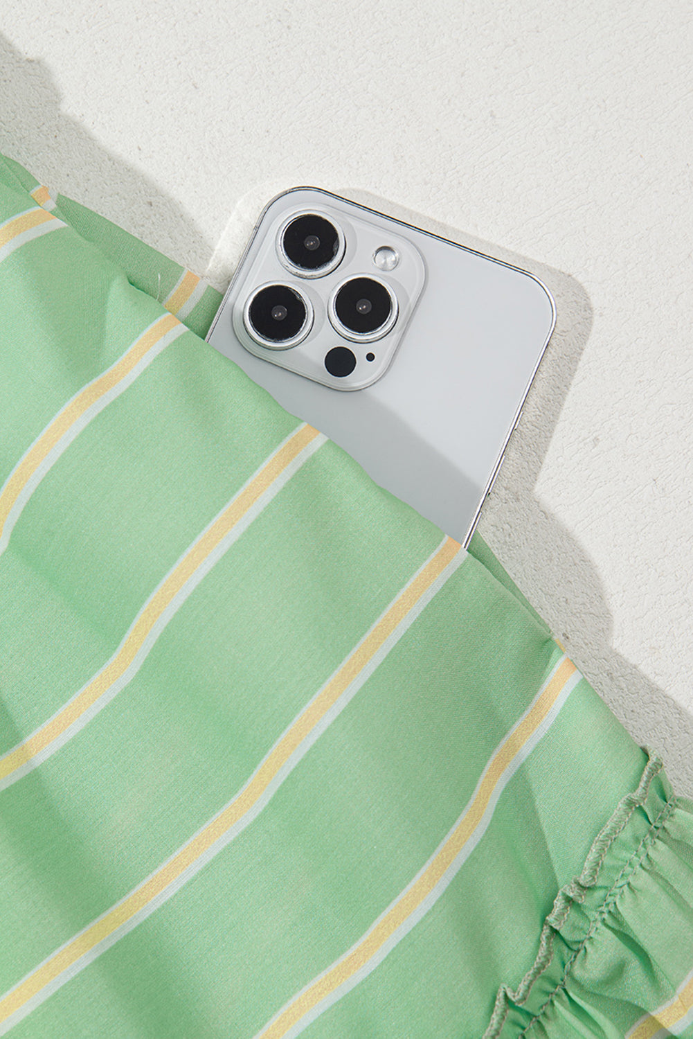 Green Stripe V-Neck Short Sleeve Frilled Detail A-line Dress eAura