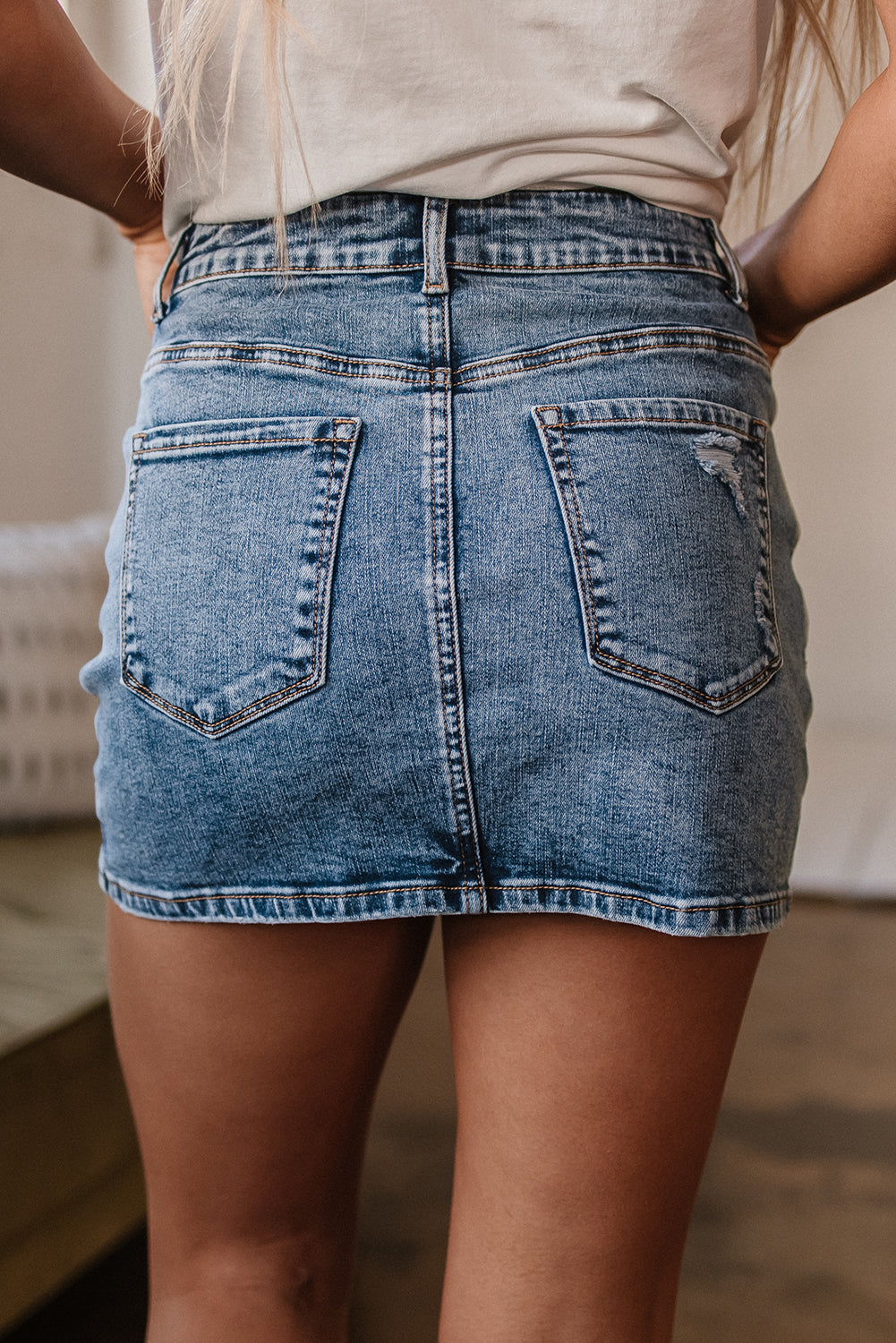 Dusk Blue Rhinestone Distressed Denim High Waist Mini Skirt eAura