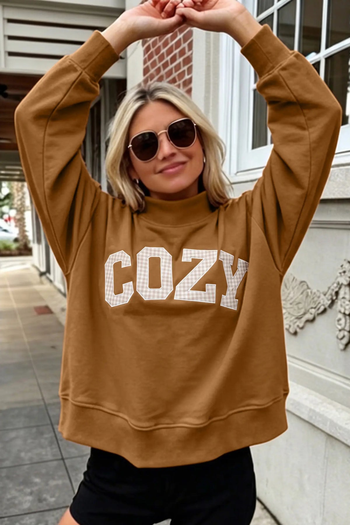 Stay Salty Embroidered Long Sleeve Stand Neck Shift Pullover Sweatshirt – Pink