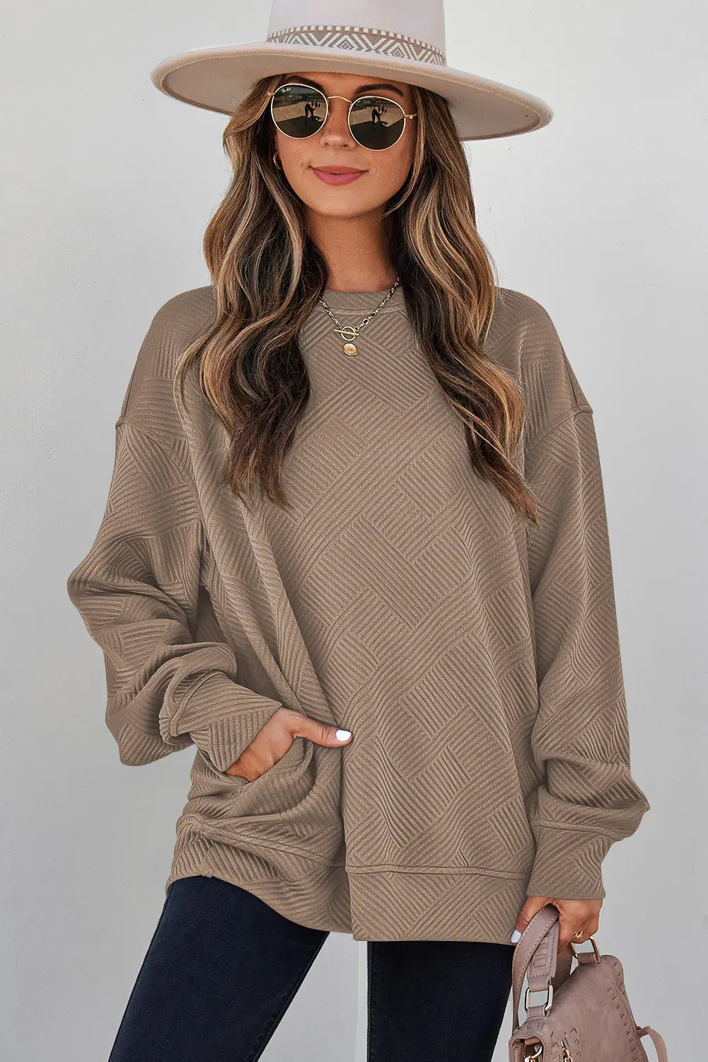 Jungle Solid Colour Textured Round Neck Drop Shoulder Pullover Sweatshirt – Green