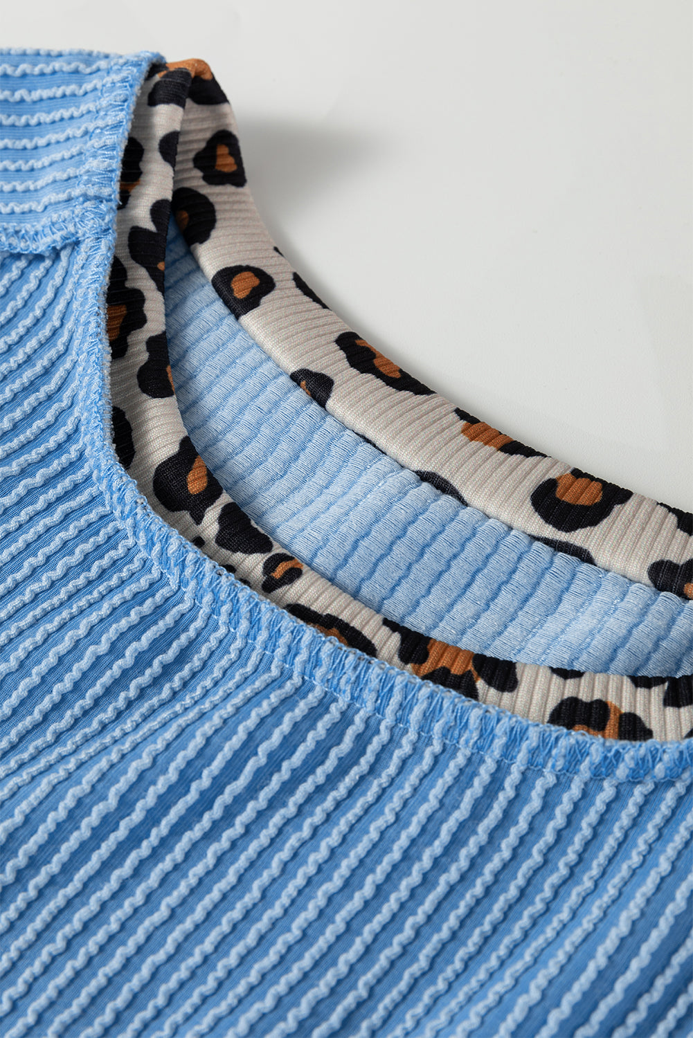 Leopard Patchwork Rib Knit Crew Neck T-Shirt eAura