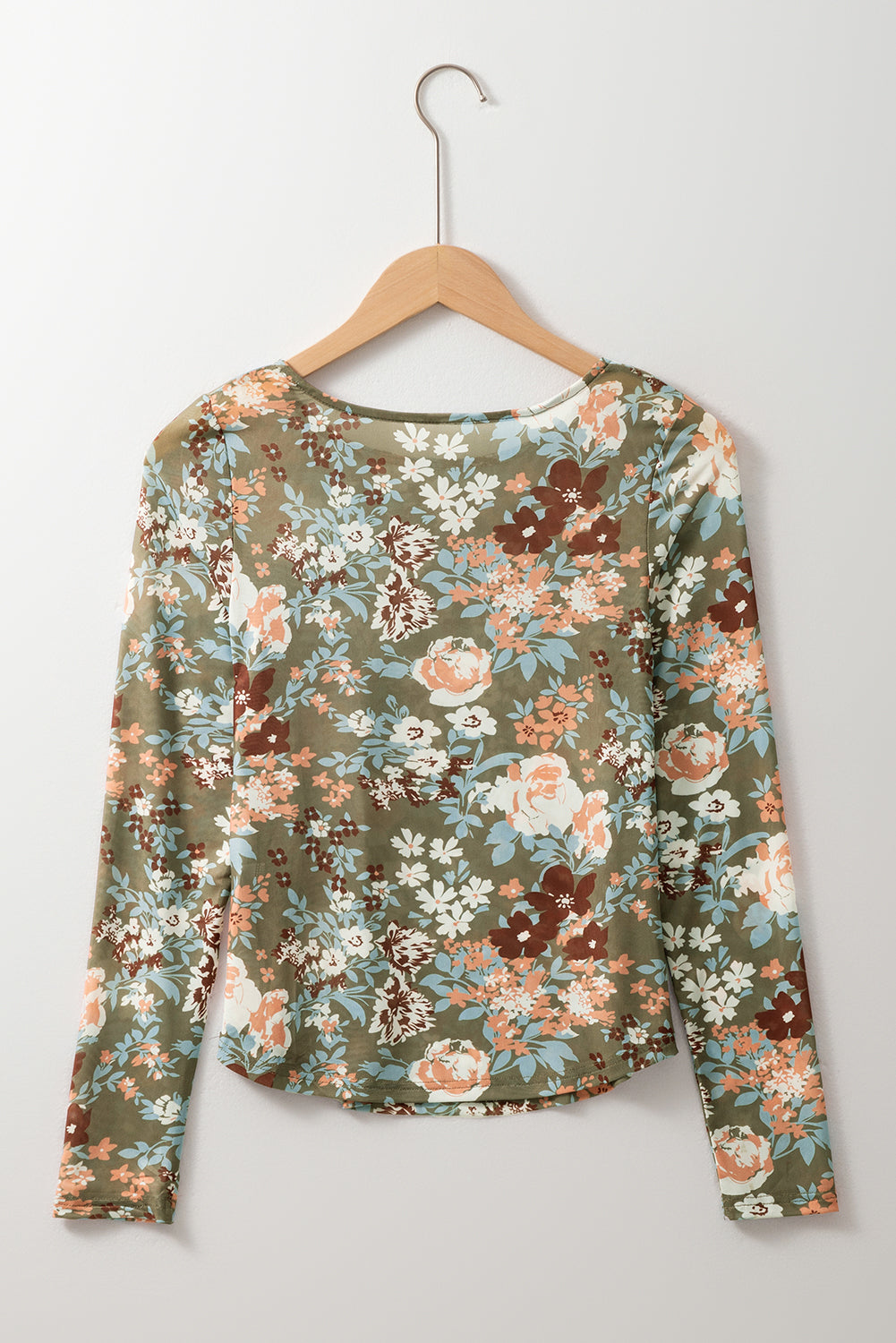 Green Floral Print Mesh Fitted Long Sleeve Top eAura