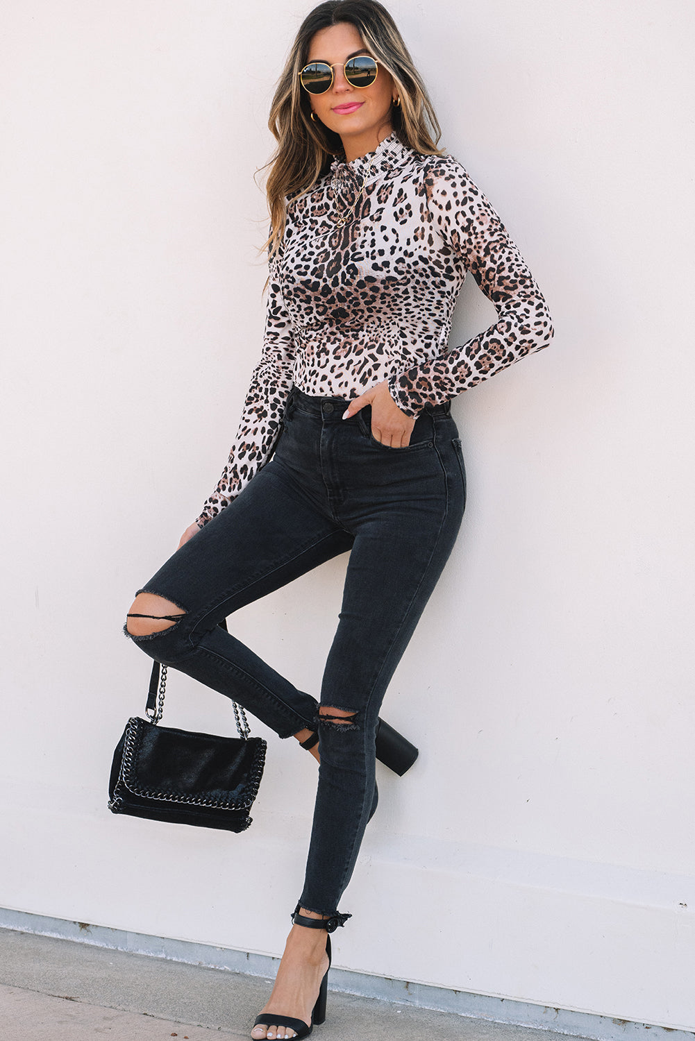 Brown Leopard Smocked Neck Mesh Long Sleeve Bodysuit - Tops/Bodysuits