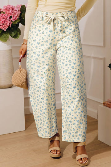 Grommet Knot Waist Floral Barrel Leg Jeans – Beige