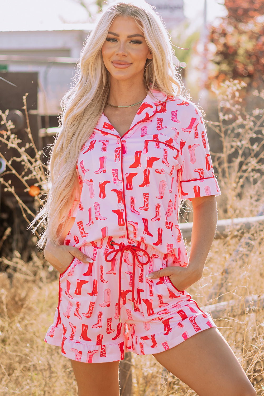 Pink Western Cowgirl Boots Printed Shirt Ruffled Shorts Pyjama Set eAura