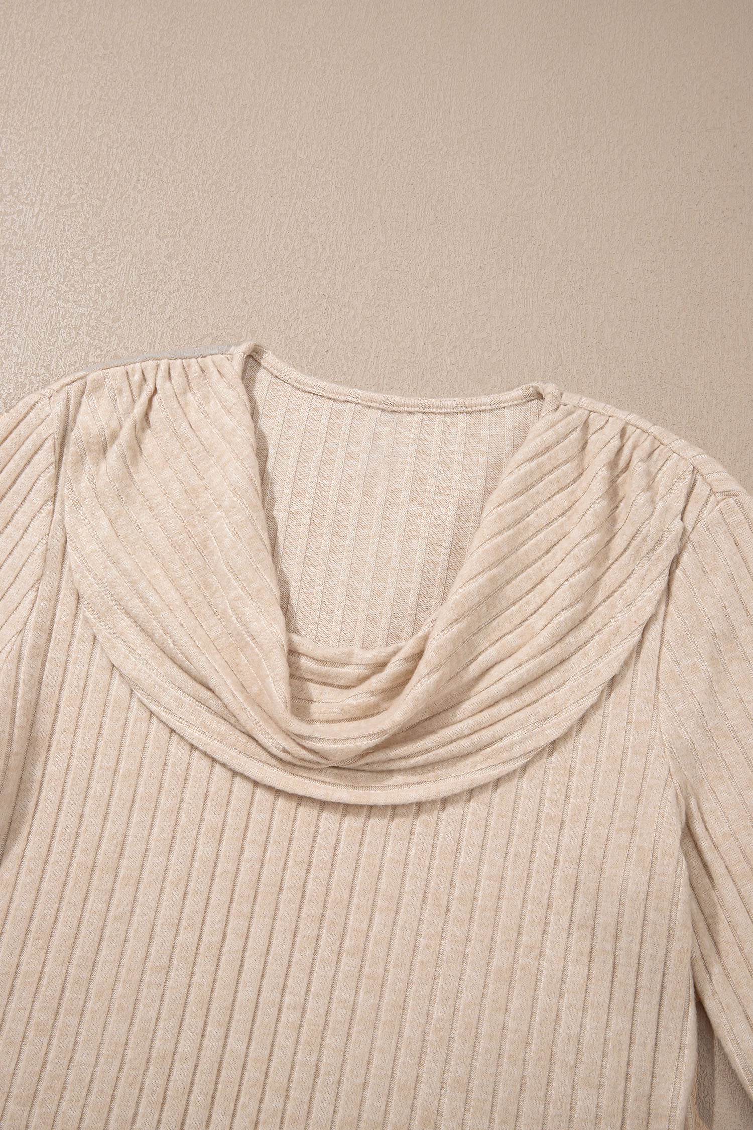 Apricot Solid Color Ribbed Knit Cowl Neck Long Sleeve Top – Beige