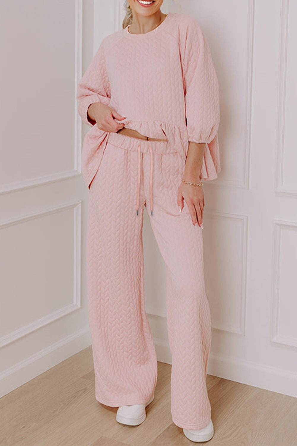 Delicacy Braided Texture Ruffle Hem Top Drawstring Loose Pants Set Dear-Lover Dropshipping