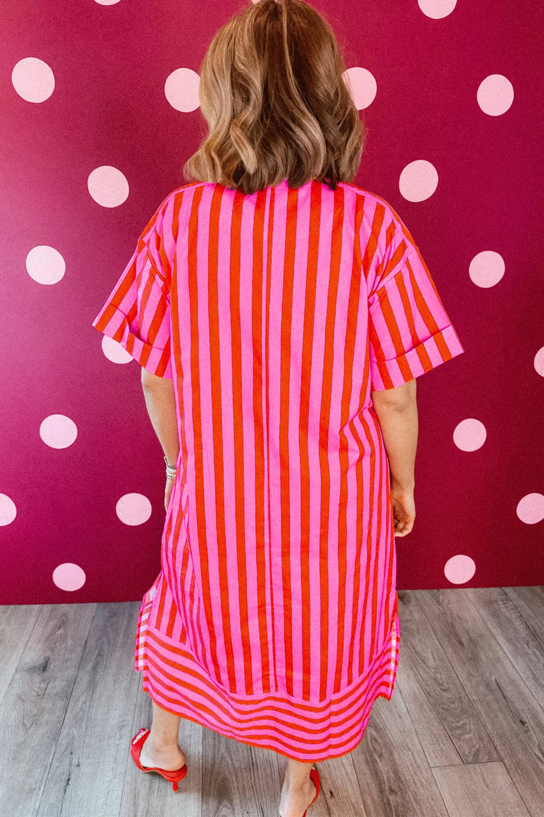V Neck Cuffed Sleeve Relaxed Split Midi Dress – Red Stripe