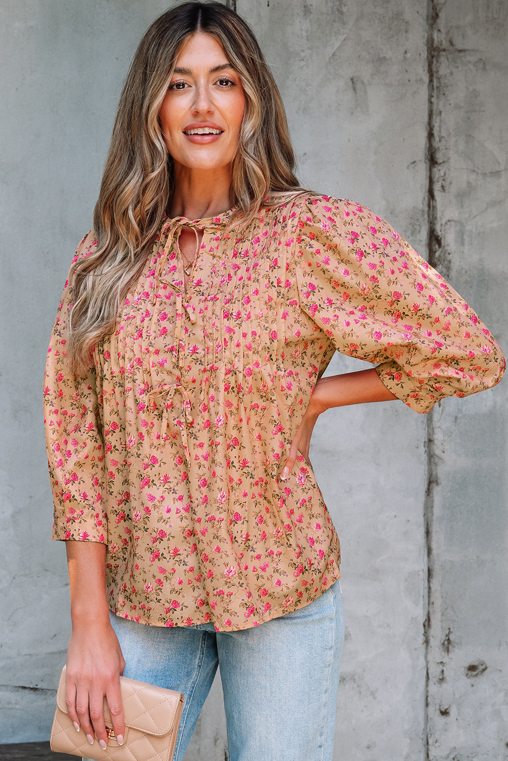 Floral Print Bow Pintuck Bust Half Puff Sleeve Blouse eAura