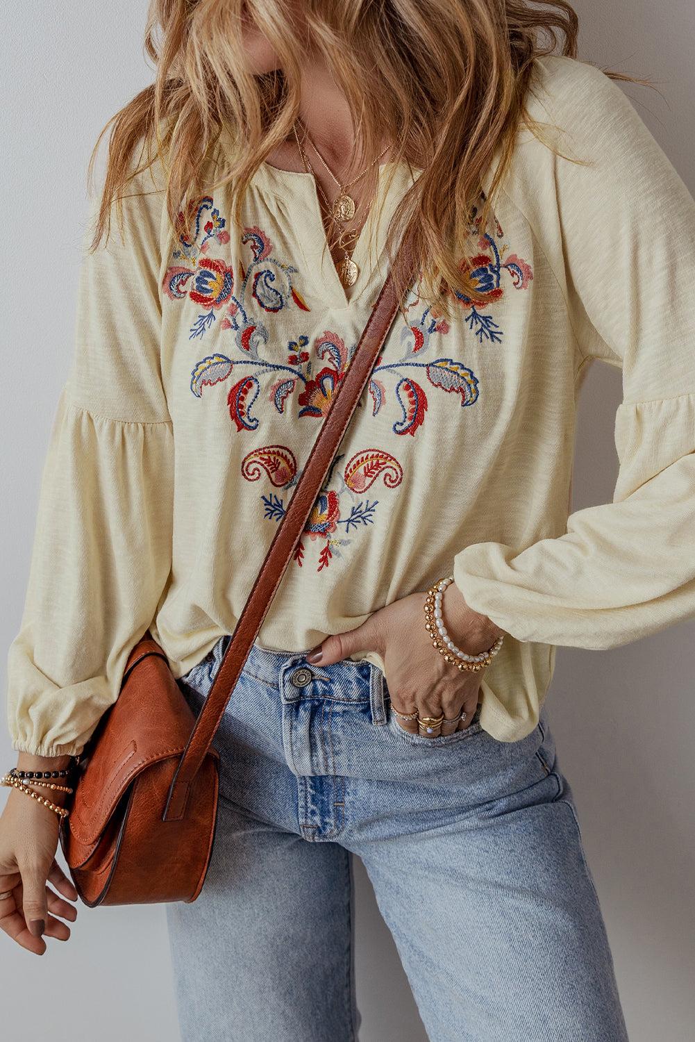 Apricot Paisley Floral Embroidered Notch V Neck Blouse eAura