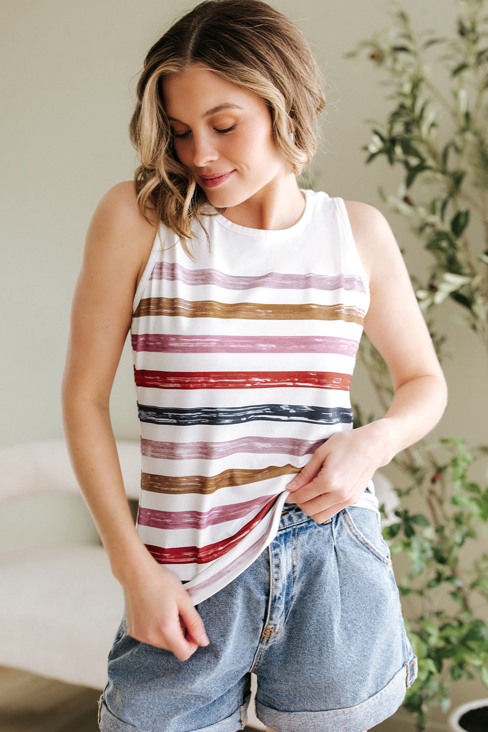 Red Stripe Rainbow Round Neck Tank Top - eAura